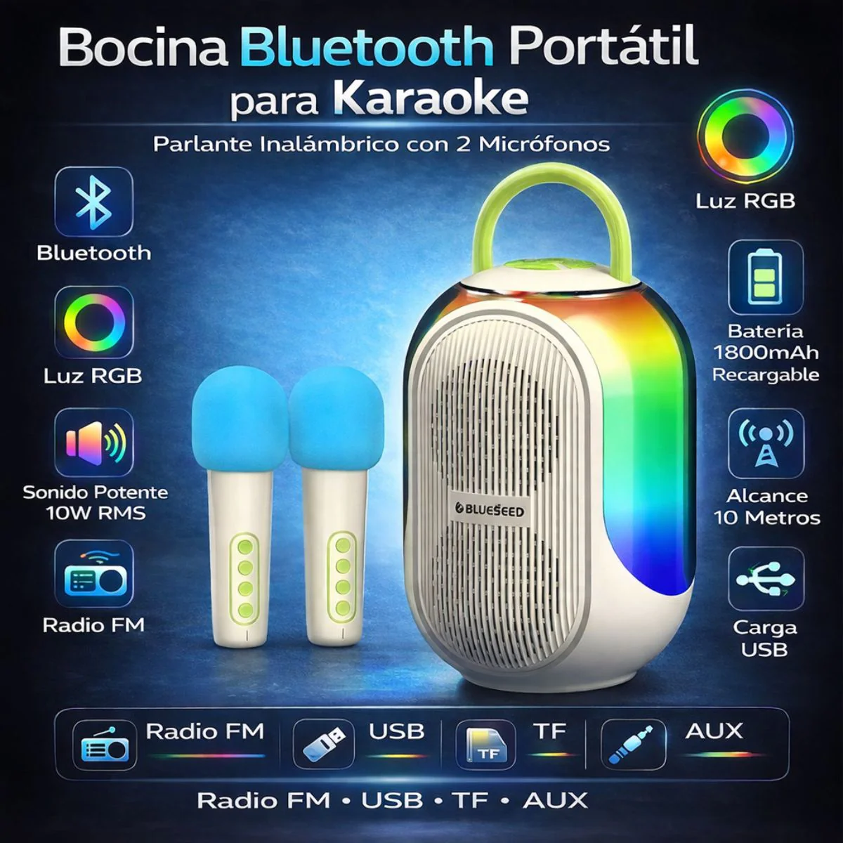Bocina Bluetooth Portátil Para Karaoke. Parlante Inalámbrico Con 2 Micrófonos. Altavoz Con Luz RGB. Sonido 10W RMS. Radio FM USB TF AUX.(Colores Blanco O Negro Al Azar)