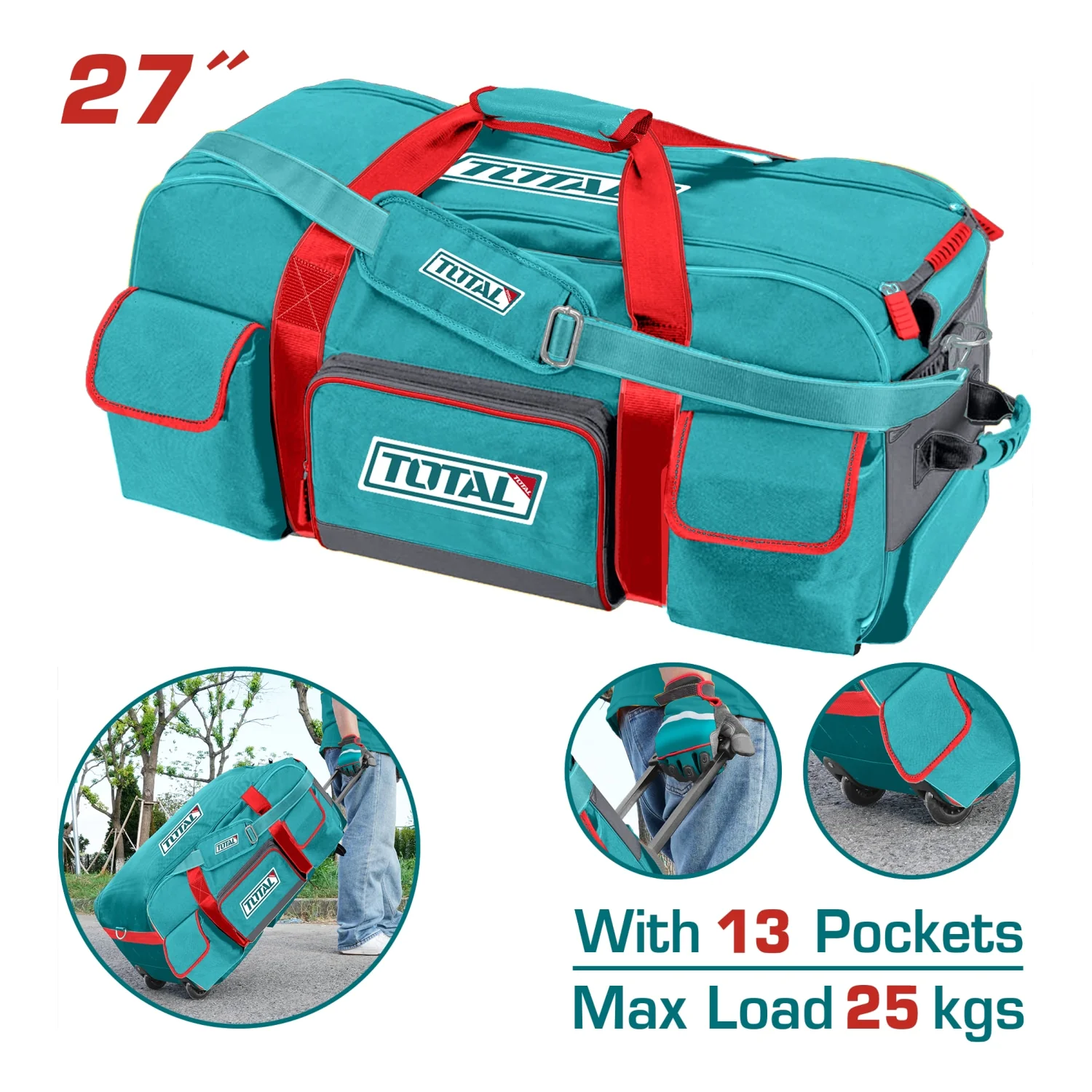 Bolsa De Herramientas Con Ruedas 27″. Capacidad 25 Kg. Mango Telescópico Y Múltiples Bolsillos.