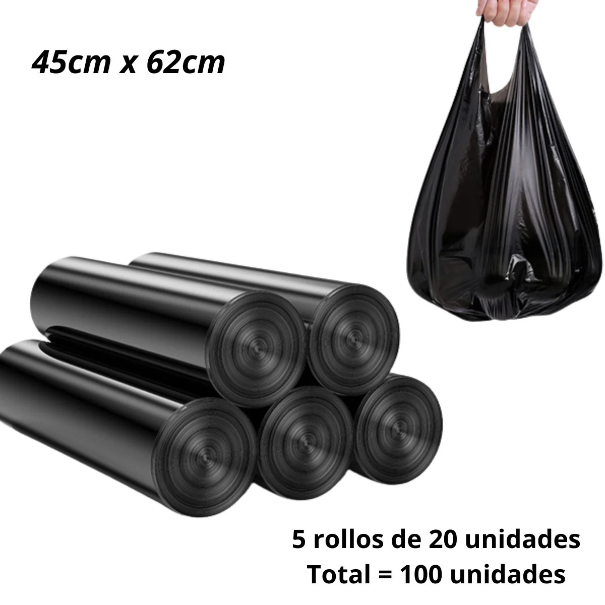 Bolsas De Basura Para Baño Con Asa  7 Galones (45Cm X 62Cm). Con Agarradero. Pack De 5 Rollos De 20 Total 100 Unidades.