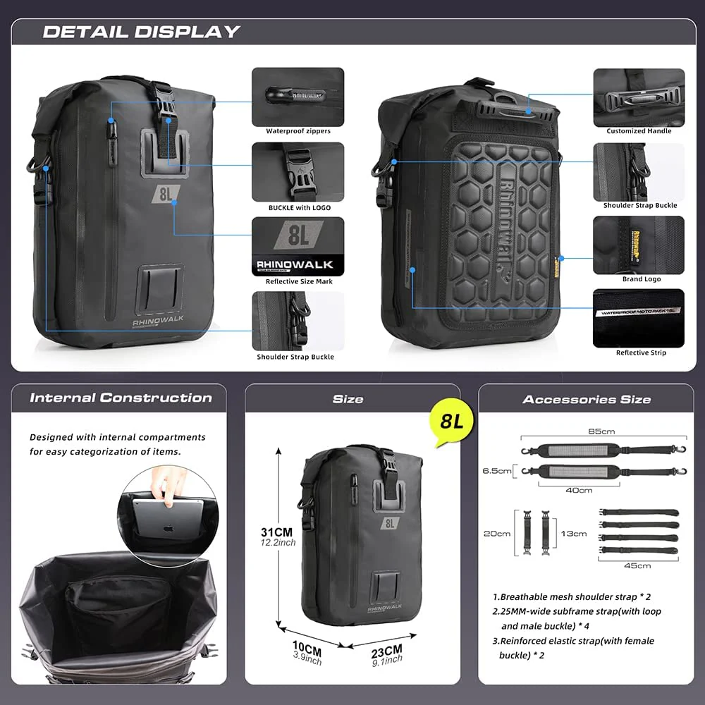 Bolso Impermeable Para Motocicleta 8L, Para Parte Trasera Rhinowalk - Image 3