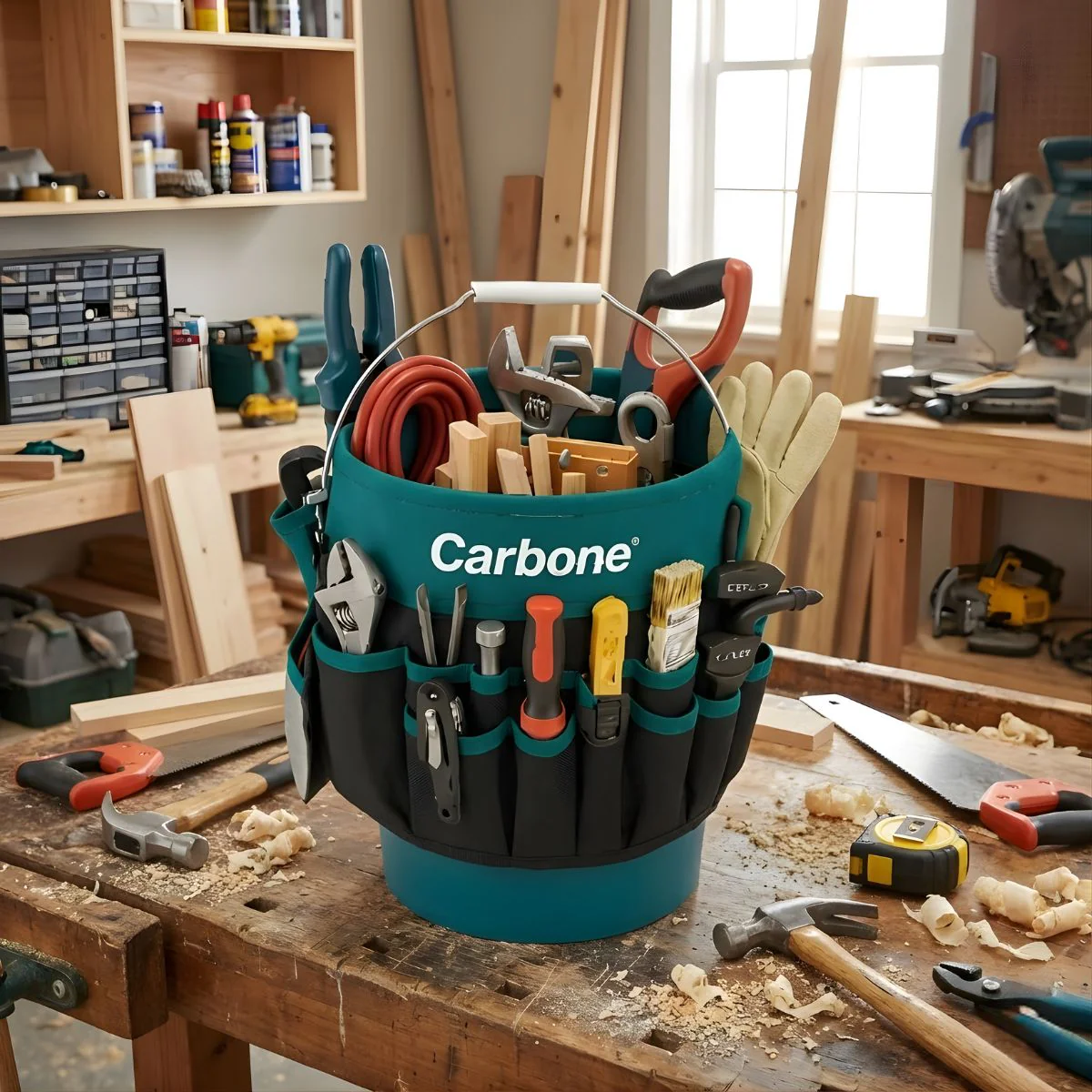 Bolso Cubeta Caja Porta Herramientas Textil Oxford. Cubo Organizador Carbone Con Múltiples Bolsillos Y Asa Metálica 30X32cm. ( No Incluye Cubeta) Solo El Textil Para Usar Con Cubeta