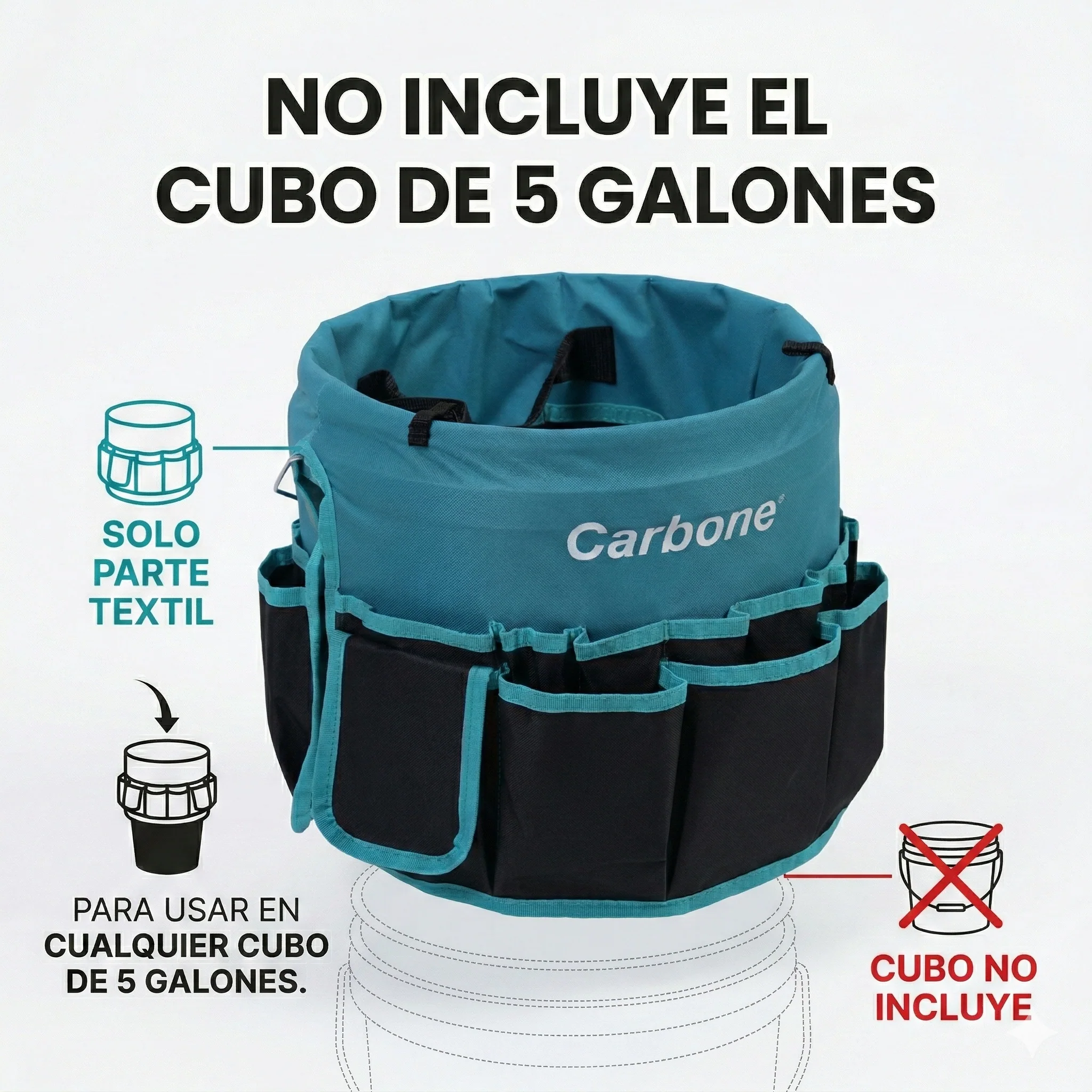 Bolso Cubeta Caja Porta Herramientas Textil Oxford. Cubo Organizador Carbone Con Múltiples Bolsillos Y Asa Metálica 30X32cm. ( No Incluye Cubeta) Solo El Textil Para Usar Con Cubeta - Image 4