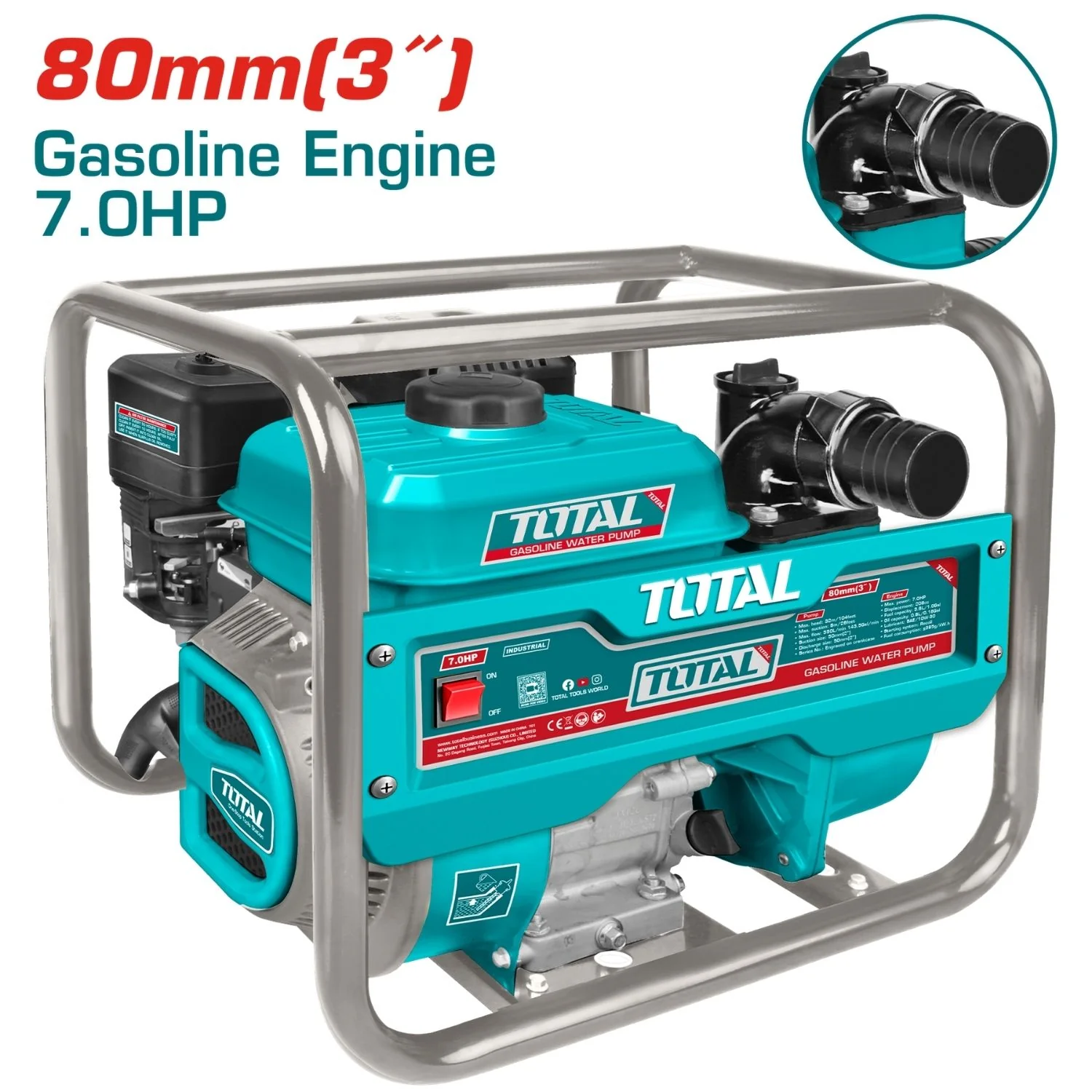 Bomba Agua A Gasolina 7.0 HP,Salida 80Mm Diam. Flujo Max. 1000L/Min(Lift 32M)
