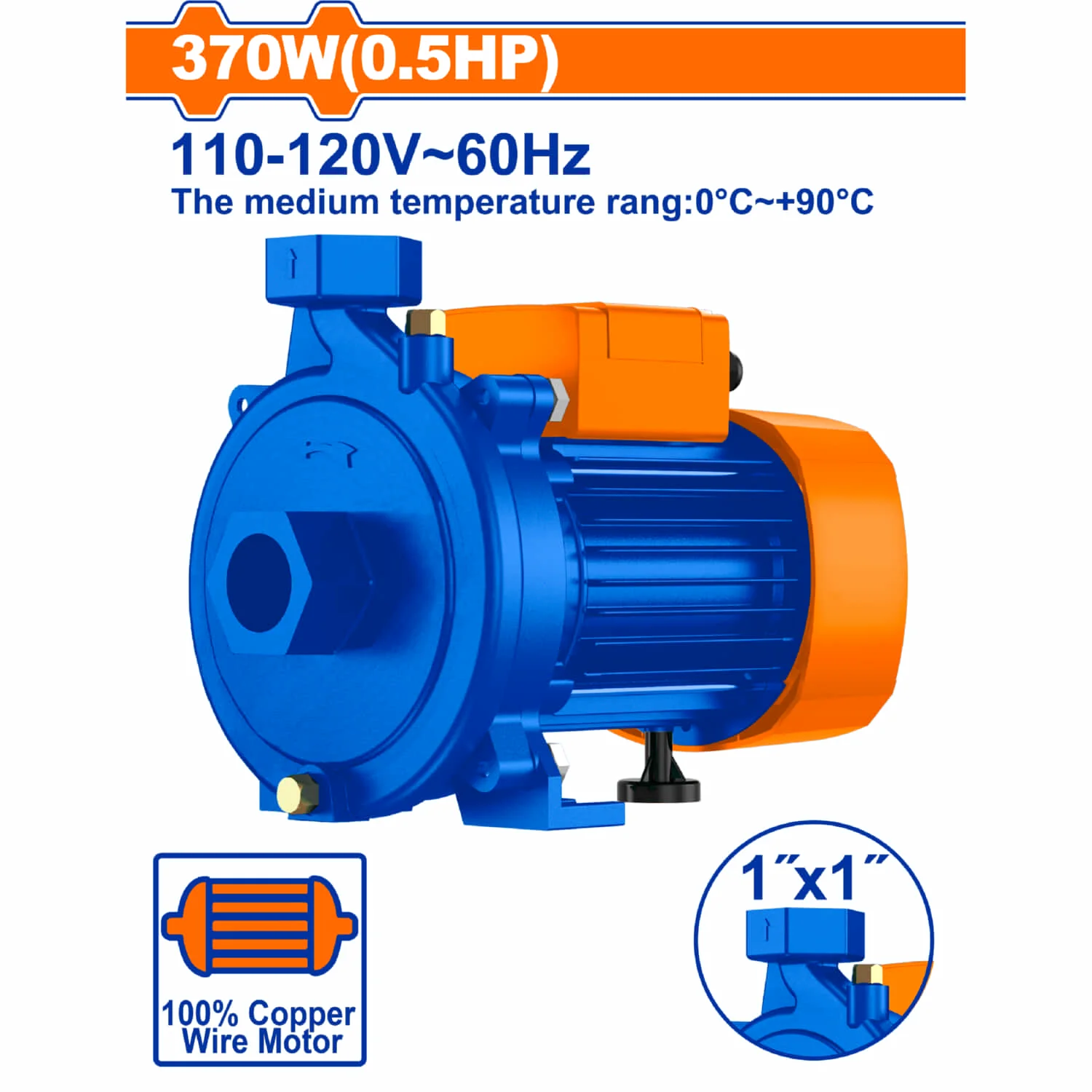 Bomba Centrifuga De Agua Caliente 370W Altura Maxima: 17M 75L/Min 110-120V~60Hz Rango De Temperatura 0~+90°C Succion 8M Para Tubo 1"X1" Motor Con Cable De Cobre.