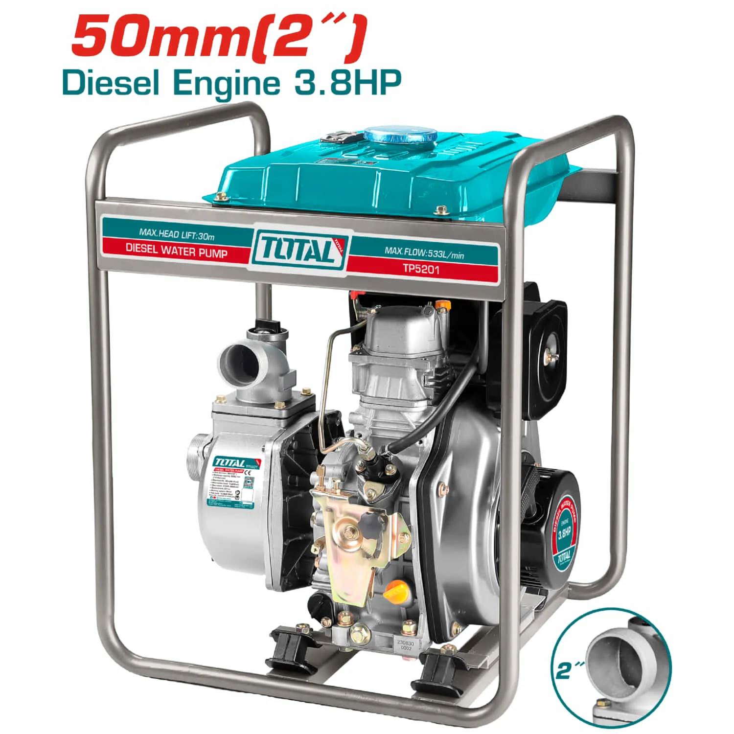 Bomba De Agua A Diesel 3.8 HP. Diámetro De Salida 2" Flujo Max: 533 L/Min. Max. Elev. 30M