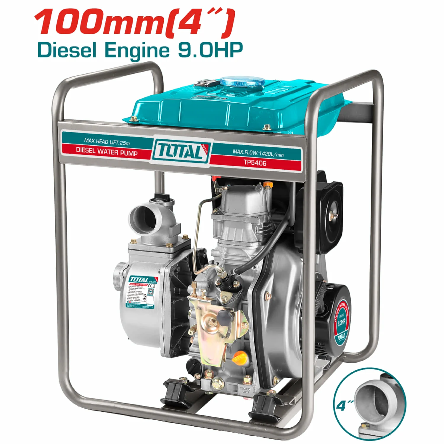 Bomba De Agua Diesel De 4" 1420L/Min Max 25Mts 8.3HP . Encendido De Cuerda Tanque 12.5L