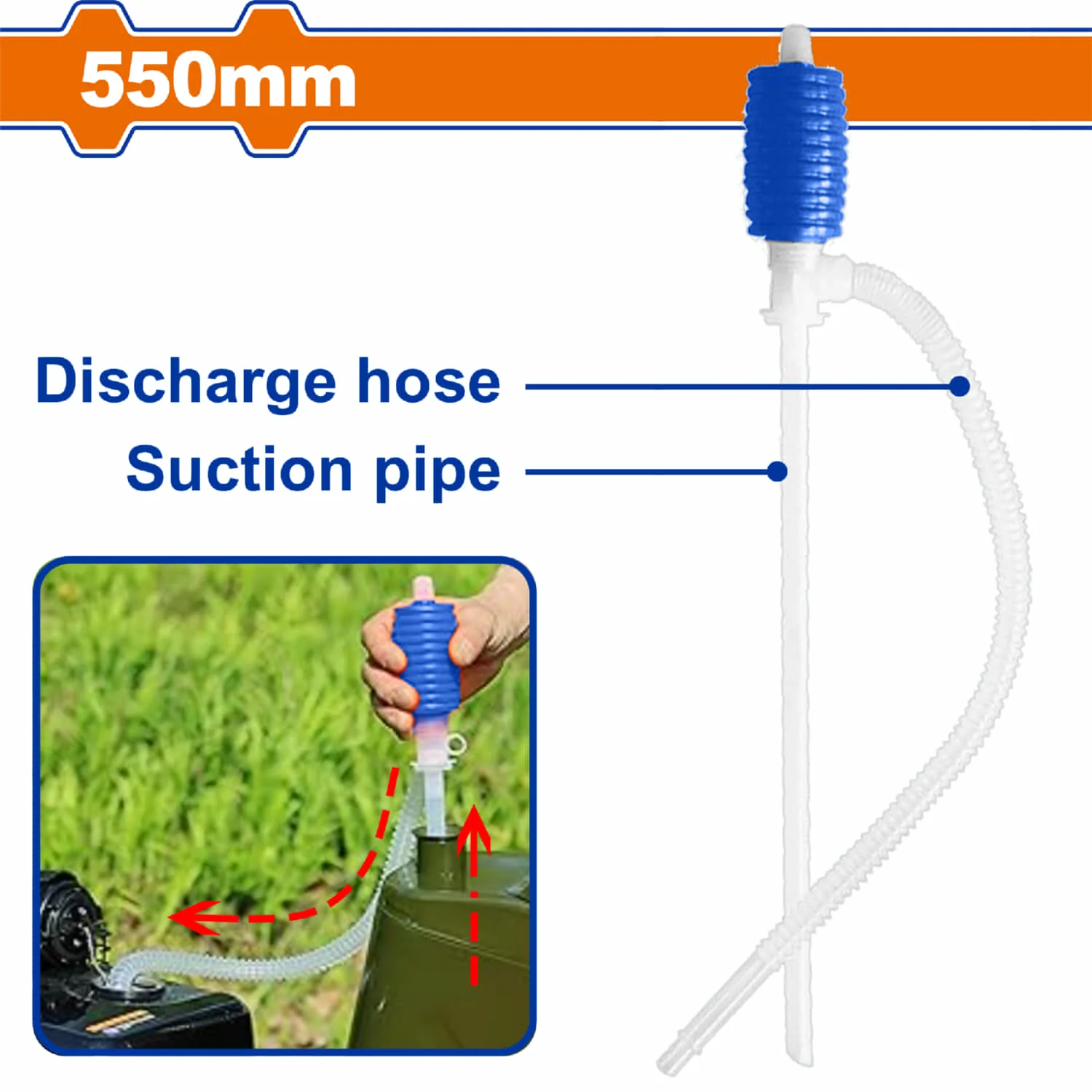 Bomba De Trasvase Sifón Agua Manual De Plástico 550Mm Material: PE. Se Utiliza Para Transferir Combustible Líquidos Rápidamente. Bomba De Transferencia De Líquidos.