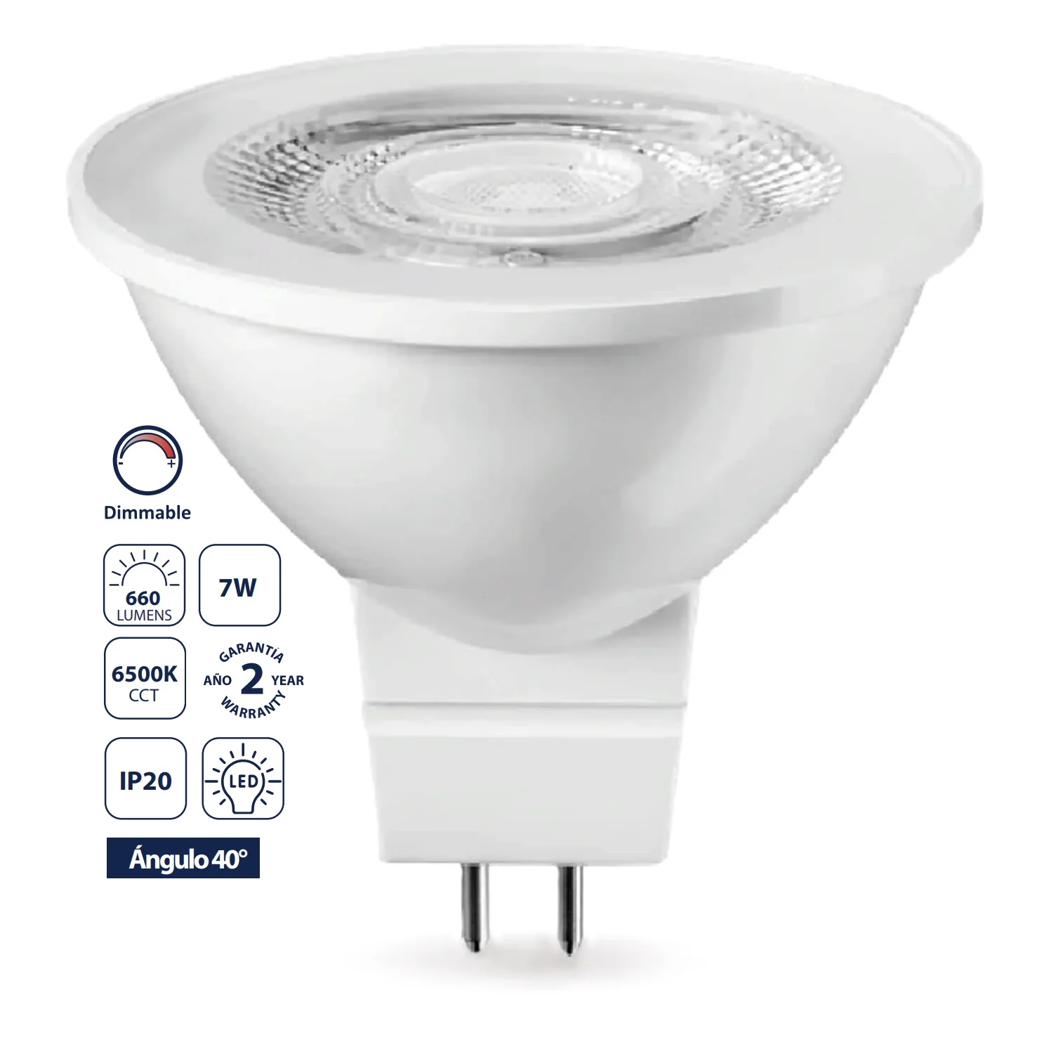Bombillo LED MR16 GU5.3 DIM 7W Luz Fría 6500K Regulable. Equivale Halógena 50W 5X48cm. Foco.