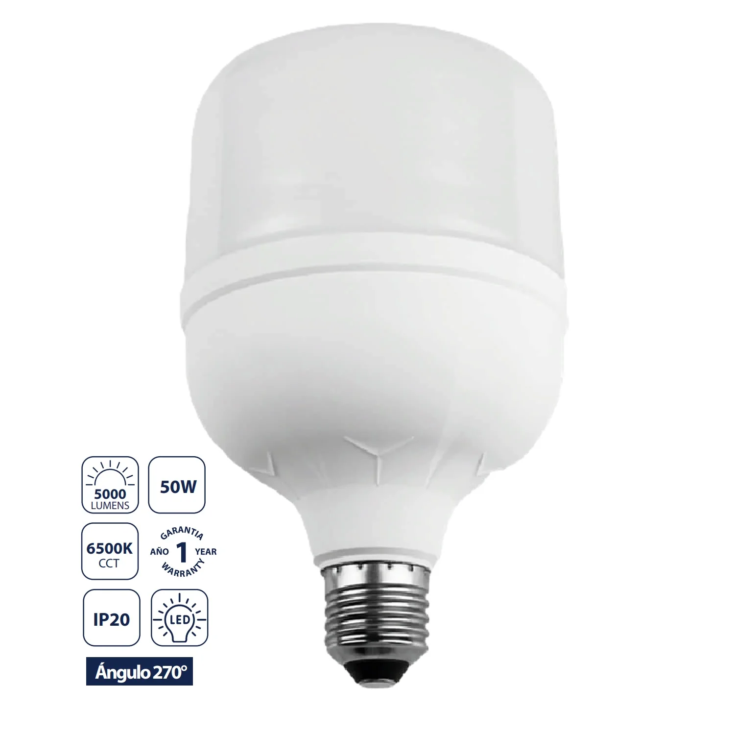 Bombillo LED T Alta Potencia 50W 6500K Luz Fría Base E27 5000 Lm, PBT-Aluminio, Encendido Instantáneo. Foco