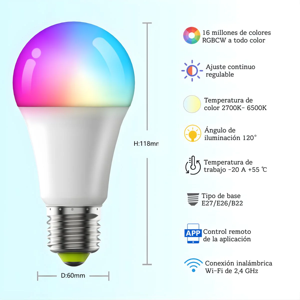 Bombillos LED Inteligentes RGB. Luz Multicolor + Blanco Cálido Y Frío. Focos Smart Con Wifi Y Bluetooth. (Pack De 3 Unidades) - Image 2