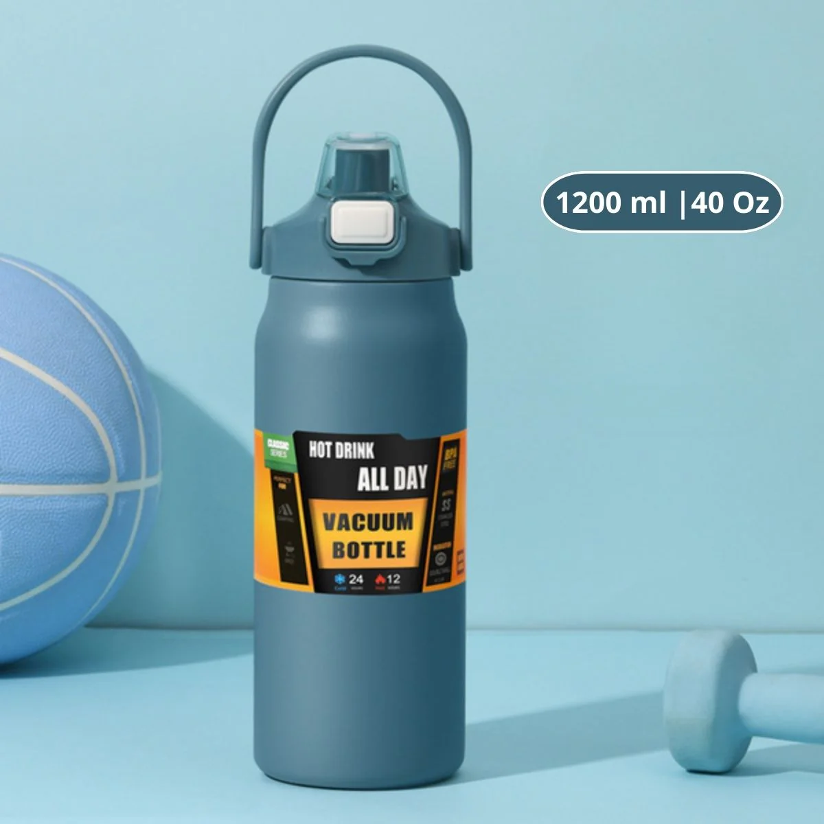 Botella De Agua Térmica. Termo Deportivo De Doble Pared De Acero Inoxidable  Y Soporte Para Teléfono. 1200 Ml. Color Azul.