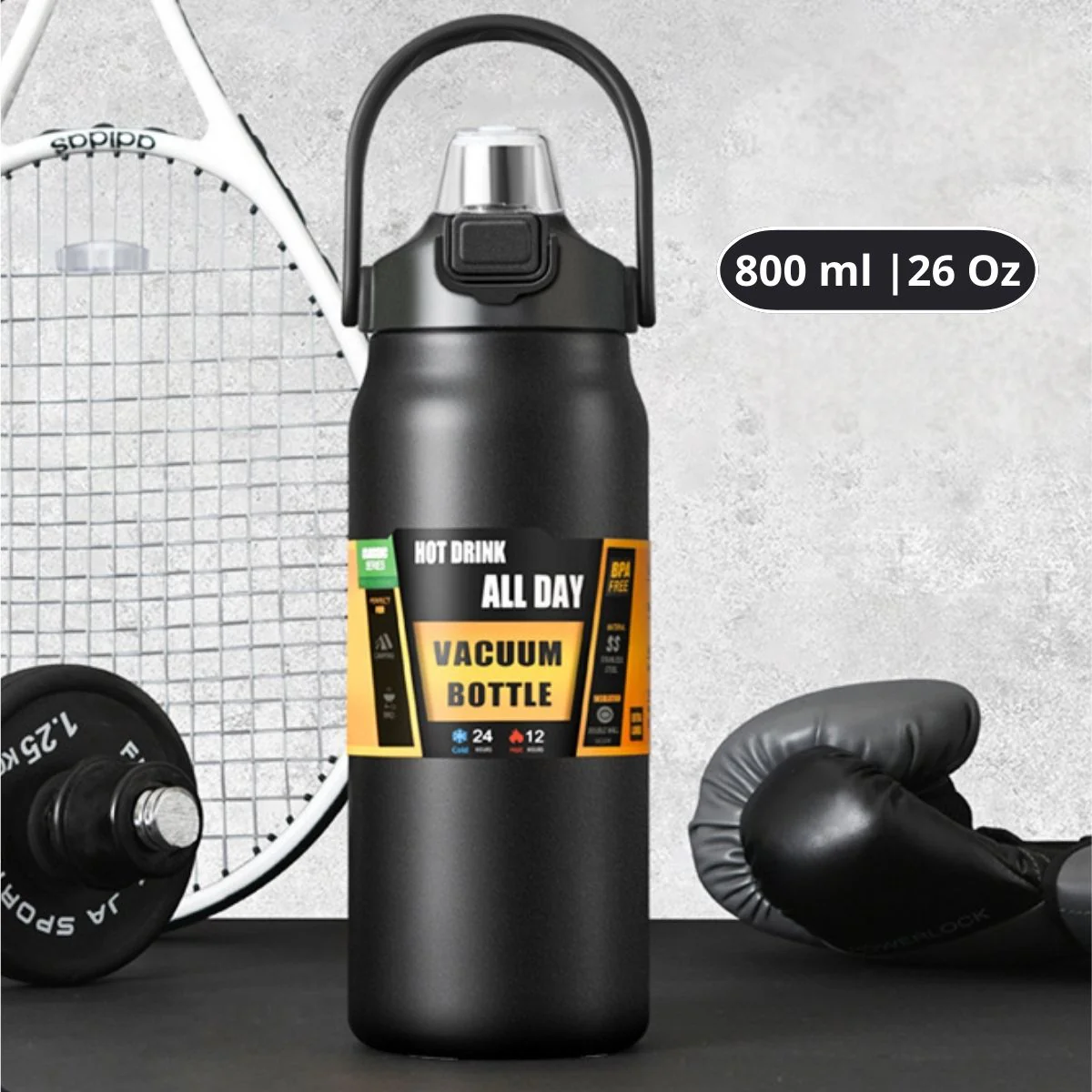 Botella De Agua Térmica. Termo Deportivo De Doble Pared De Acero Inoxidable Y Soporte Para Teléfono. 800 Ml. Color Negro.