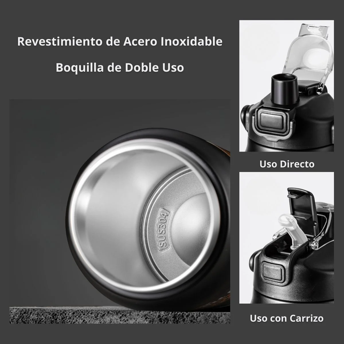 Botella De Agua Térmica. Termo Deportivo De Doble Pared De Acero Inoxidable Y Soporte Para Teléfono. 800 Ml. Color Negro. - Image 2