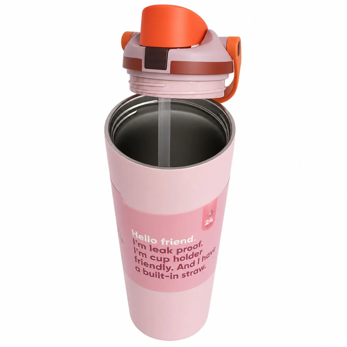 Botella De Agua Termo De 30Oz. Vaso Térmico De Acero Inoxidable Con Tapa Hermética Antiderrames, Carrizo Integrado Y Asa. Color Rosado Claro. - Image 2