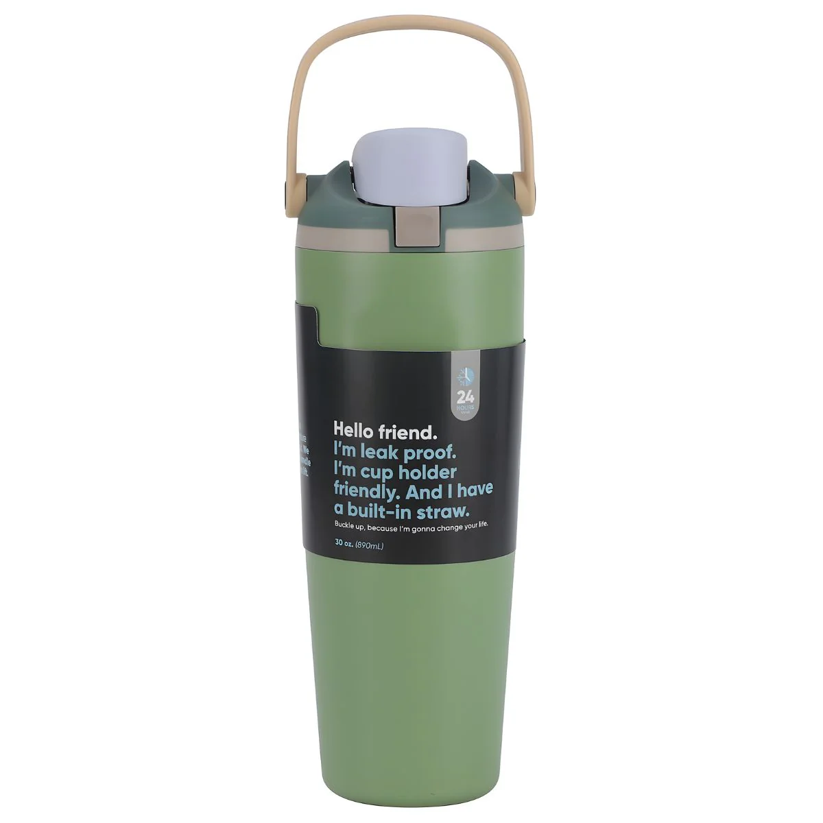 Botella De Agua Termo De 30Oz. Vaso Térmico De Acero Inoxidable Con Tapa Hermética Antiderrames, Carrizo Integrado Y Asa. Color Verde.