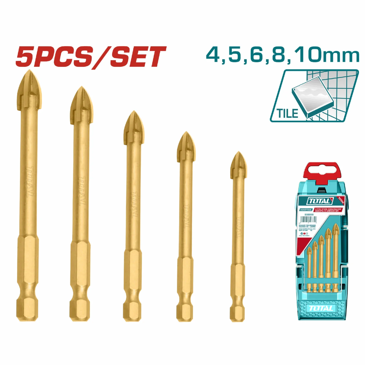 Brocas Punta De Flecha Para Vidrio Y Azulejos 4Mm, 5Mm, 6Mm, 8Mm, 10Mm. Set De 5 Piezas.