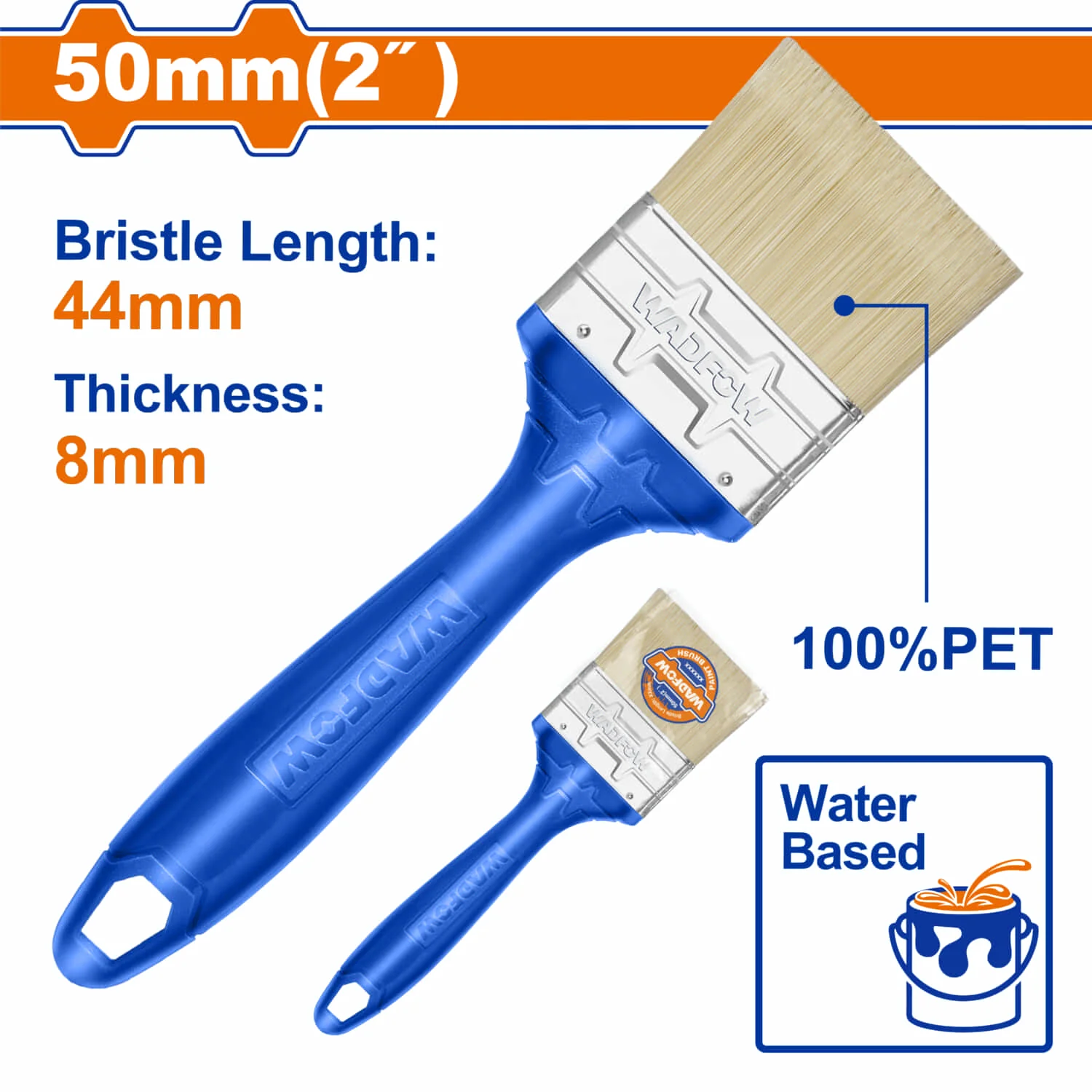 Brocha Para Pintar 50Mm(2"). Cerdas 100% PET. Pintura A Base De Agua. Long: 44Mm. Grosor: 8Mm.