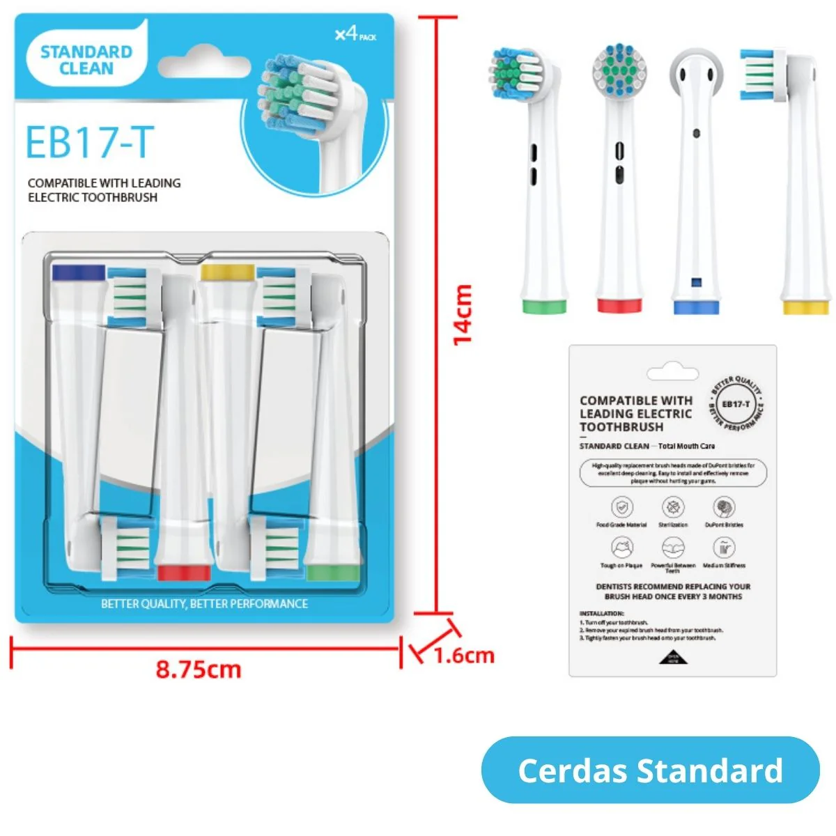 Cabezales De Repuesto Para Cepillo Dental Eléctrico De Cerdas Standard Dupont Twist Action (4 Unds). Compatible Con TU719 TU770 Y Oral-B