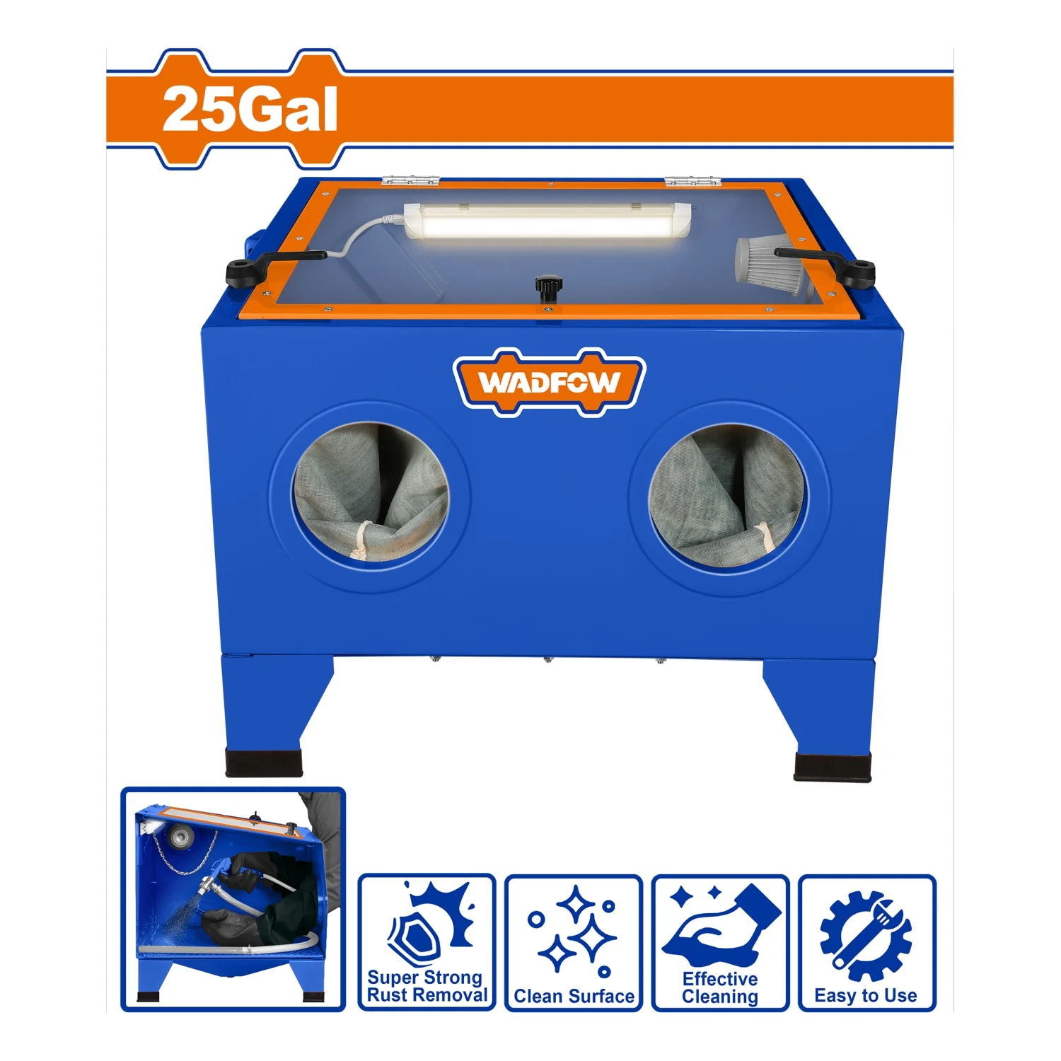 Cabina De Sandblasting 25 Galones Con Luz LED. Para Limpieza, Pulido Y Remoción De Óxido Y Pintura. Incluye Pistola Y Boquillas. Cabina De Chorro De Arena.