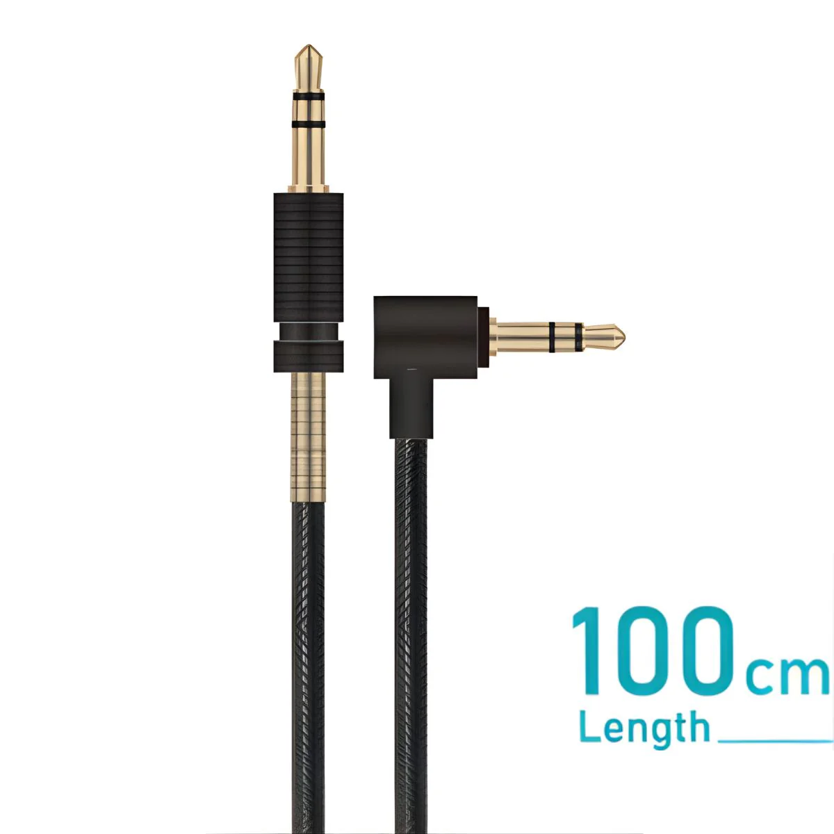 Cable Auxiliar De Audio 3.5Mm Stereo Con Conector En Ángulo. Color Negro. Longitud De 1 Metro.