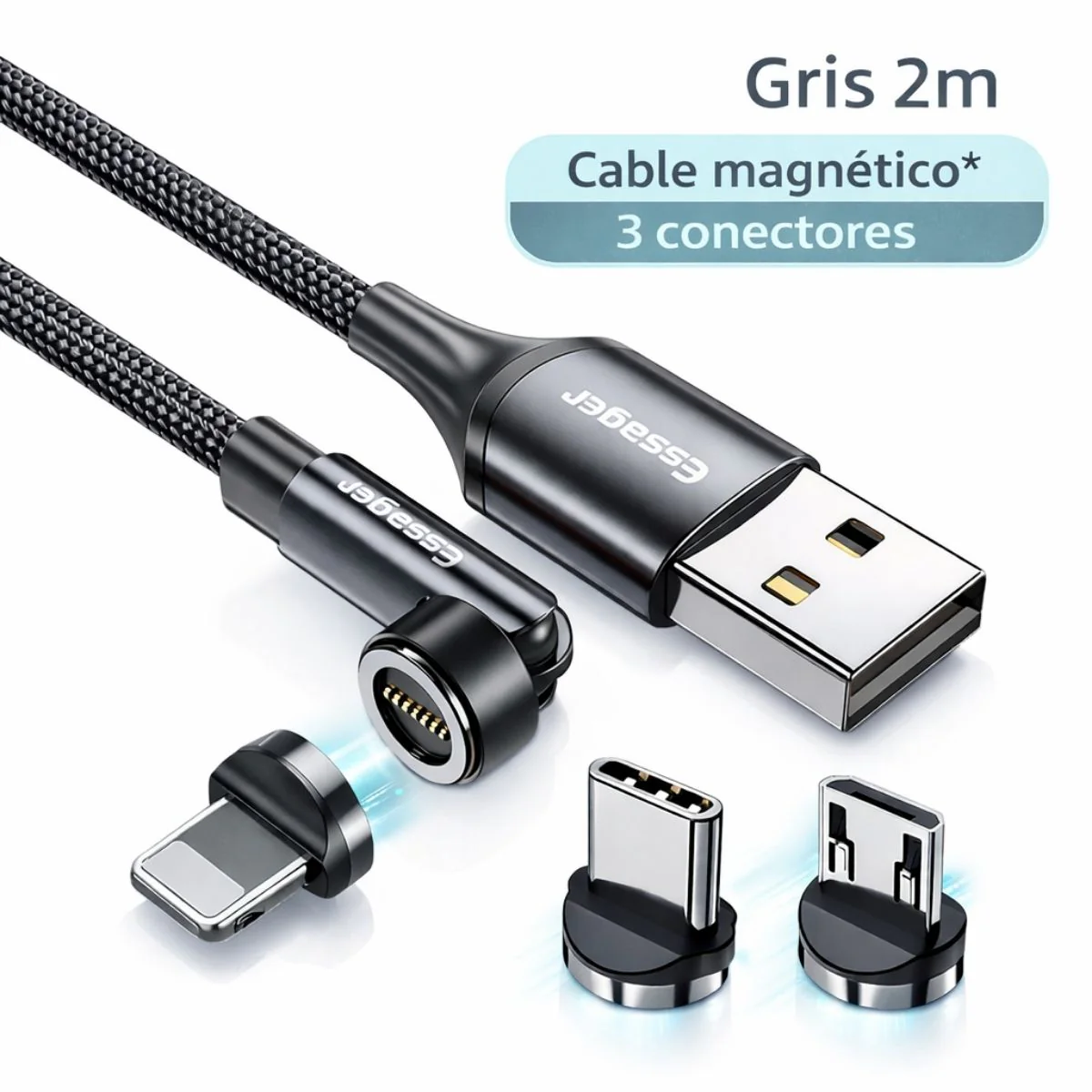 Cable Cargador Magnético 3 En 1 USB C Micro USB Lightning Carga Rápida 3A Rotación 540°. Longitud 2 Metros.