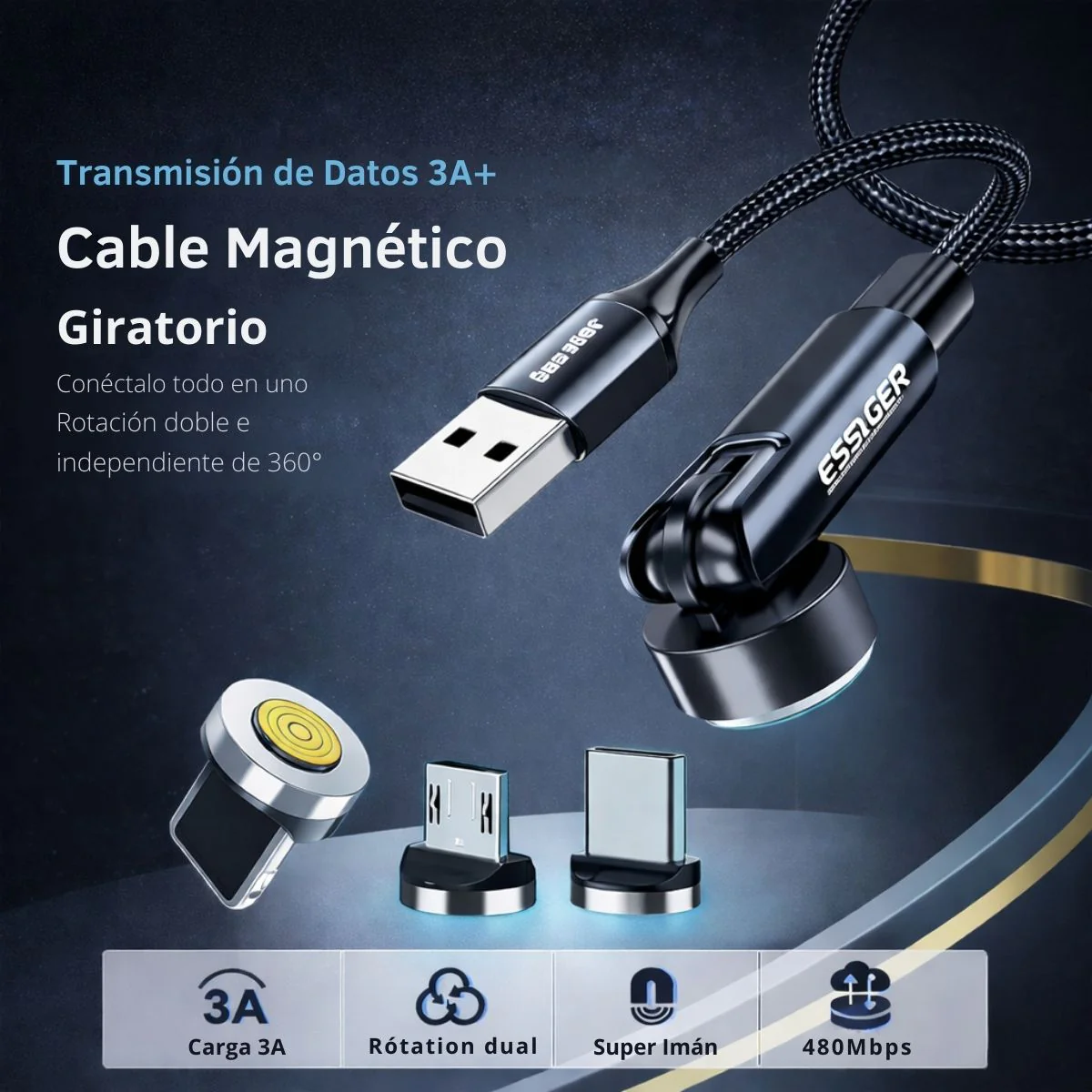 Cable Cargador Magnético 3 En 1 USB C Micro USB Lightning Carga Rápida 3A Rotación 540°. Longitud 2 Metros. - Image 2