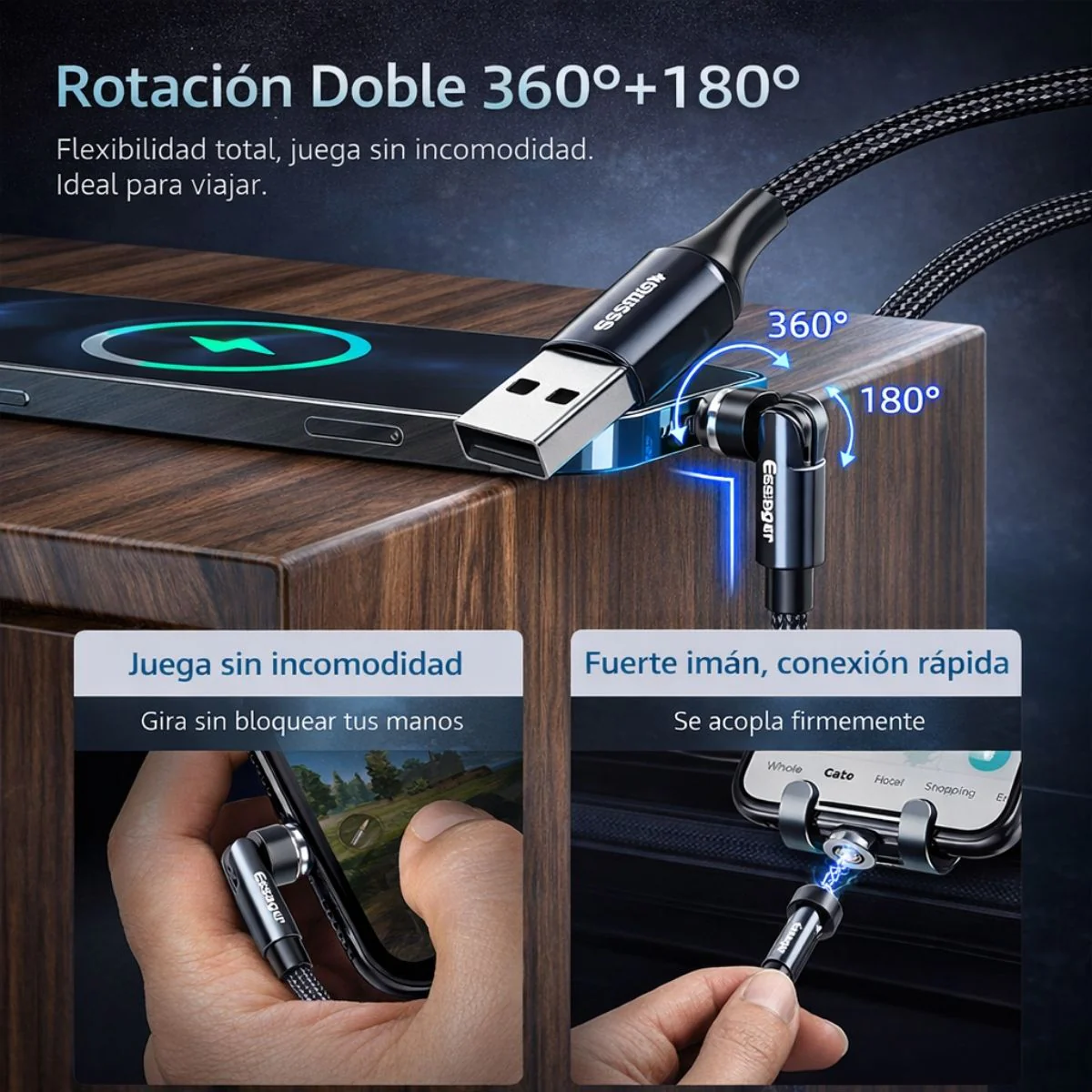 Cable Cargador Magnético 3 En 1 USB C Micro USB Lightning Carga Rápida 3A Rotación 540°. Longitud 2 Metros. - Image 3