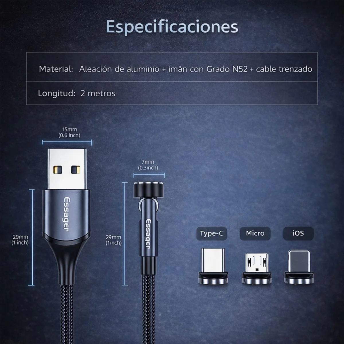 Cable Cargador Magnético 3 En 1 USB C Micro USB Lightning Carga Rápida 3A Rotación 540°. Longitud 2 Metros. - Image 5