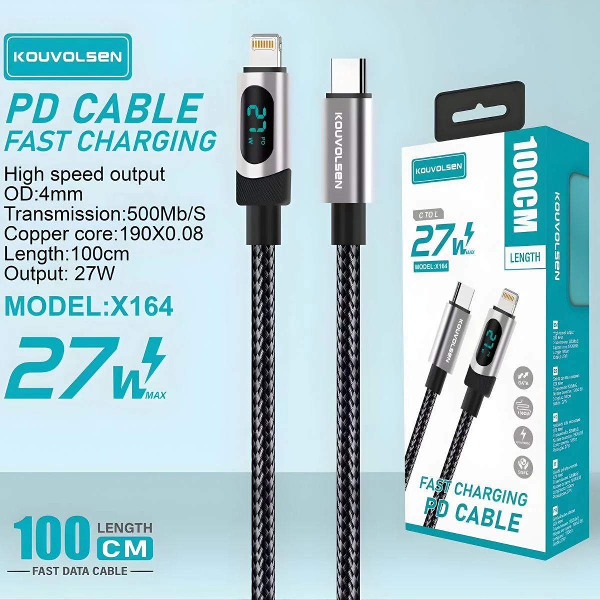 Cable Tipo-C A Lightning De Carga Rápida 27W Con Pantalla Digital Y Transferencia De Datos. Longitud De 1 Metro