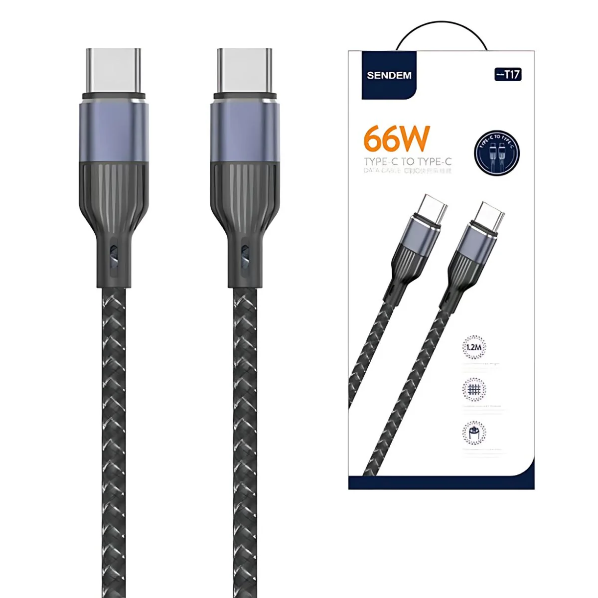Cable Tipo-C A Tipo-C De Carga Rápida 66W Y Transferencia De Datos. Longitud De 1.2 Metros.