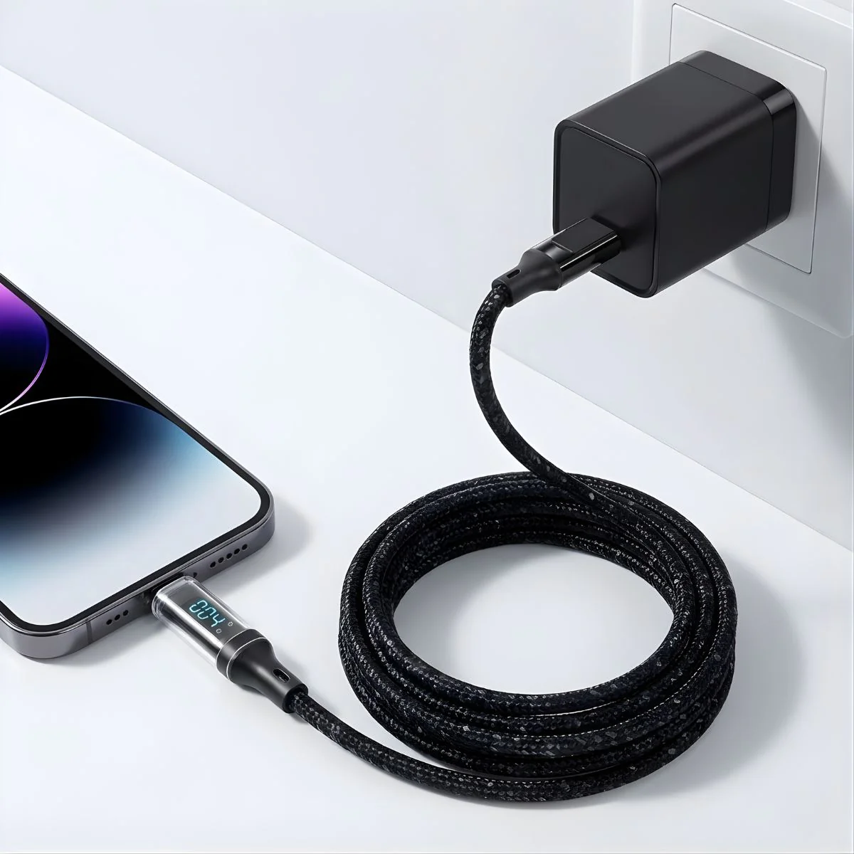 Cable USB-C A USB-C De 2M. Con Display Digital Ideal Para Smartphones, Tablets Y Laptops. Cable De Carga Rápida Reforzado De Nylon.