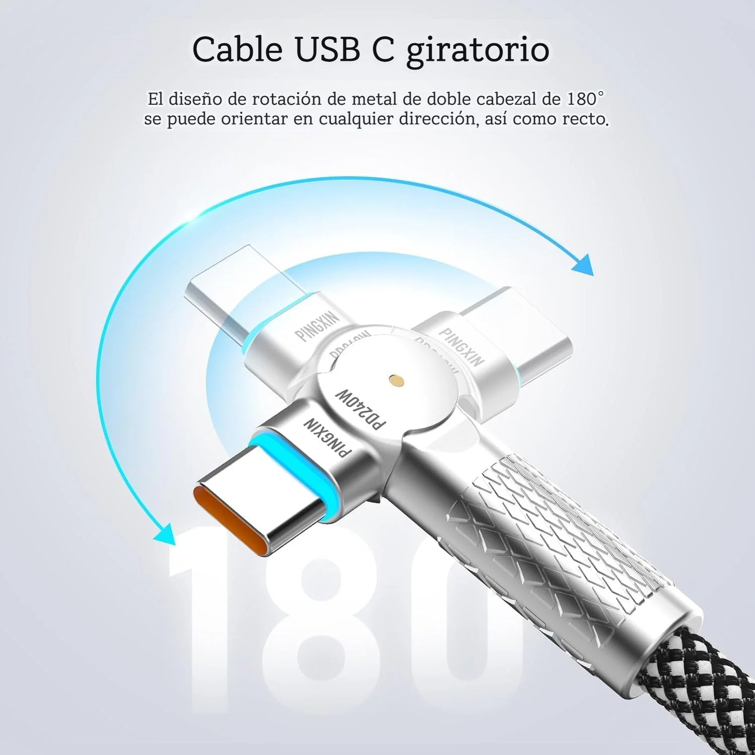 Cable USB-C A USB-C Giratorio 180° PD 240W. Trenzado Reforzado. Carga Rápida (3 Metros). Color Negro. - Image 2