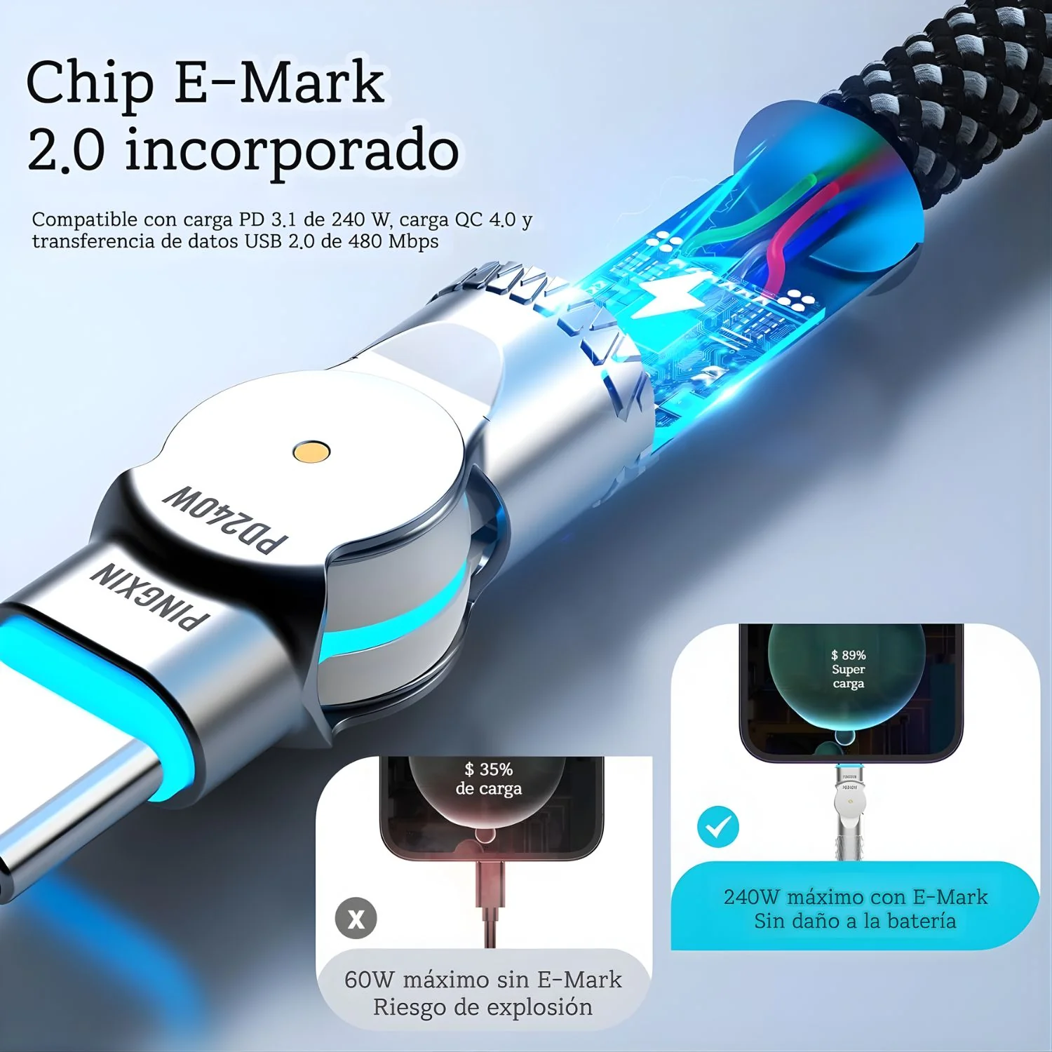 Cable USB-C A USB-C Giratorio 180° PD 240W. Trenzado Reforzado. Carga Rápida (3 Metros). Color Negro. - Image 4