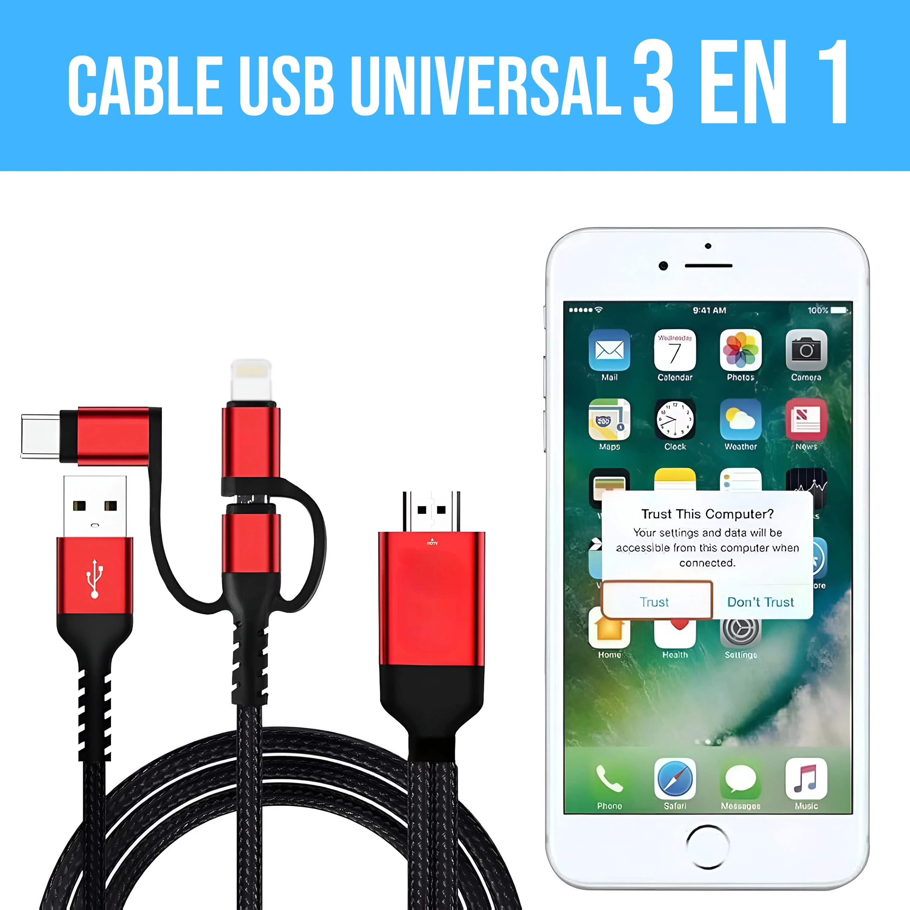 Cable USB Universal 3 En 1 Con Entrada HDMI Y Adaptador Para Android Y Ios.(Long: 2 Metros)
