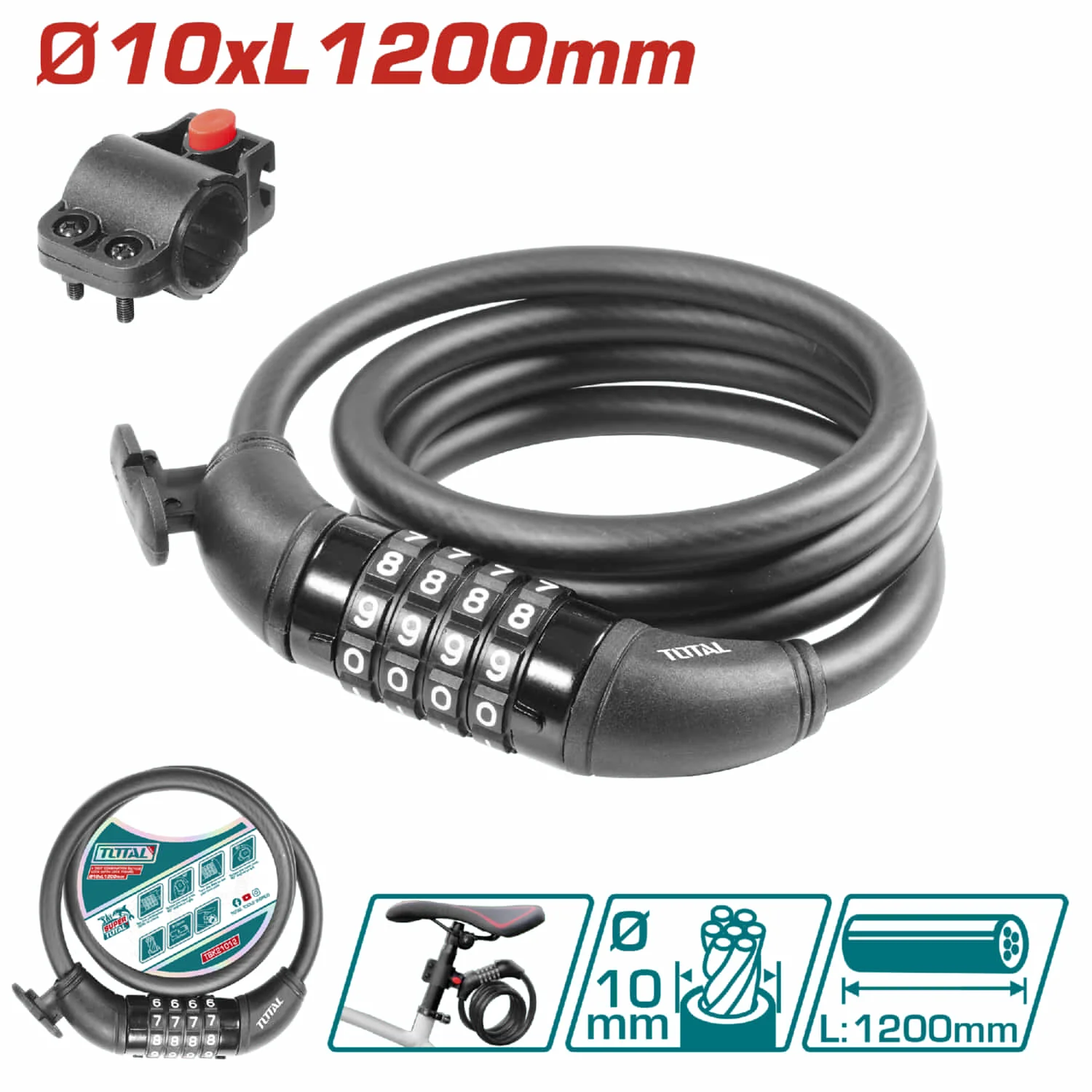 Cadena De Seguridad Para Bicicleta 10 X 1200Mm. Combinación De 4 Digitos. Incluye Porta Candado.