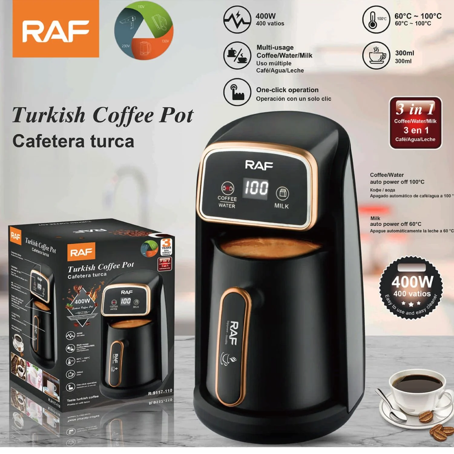 Cafetera Turca Calentador Eléctrico Multiusos 400W 300Ml  3 En 1 Para Café, Agua Y Leche Apagado Automático.