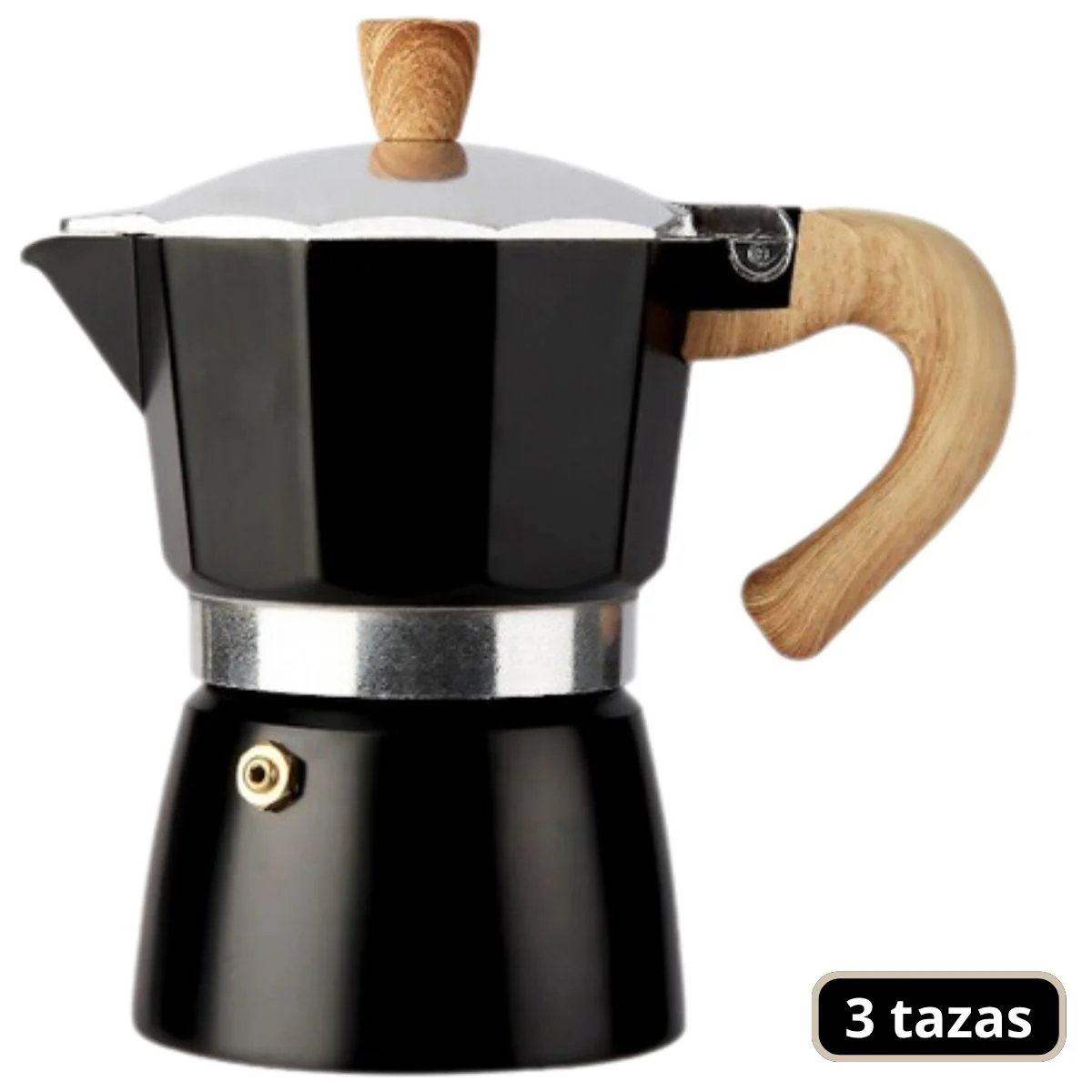 Cafetera Italiana Moka Pot Clásica De Aluminio Grado Alimenticio De 3 Tazas (150Ml) Con Asa Estilo Madera Resistente Al Calor. Greca, Percoladora. Color Negro.