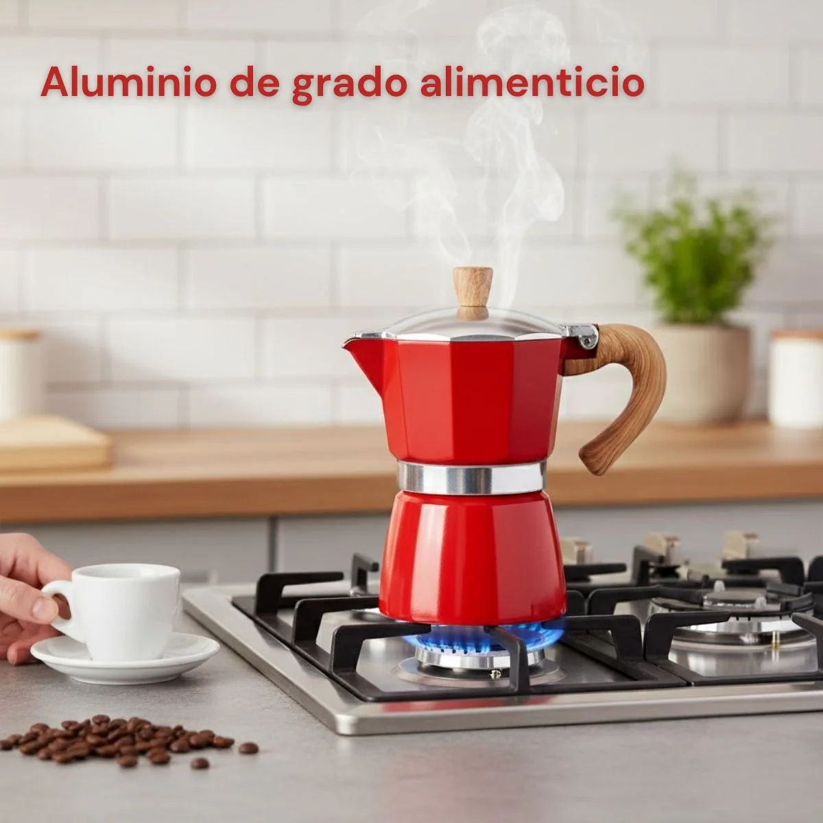 Cafetera Italiana Moka Pot Clásica De Aluminio Grado Alimenticio De 3 Tazas (150Ml) Con Asa Estilo Madera Resistente Al Calor. Greca, Percoladora. Color Rojo. - Image 2