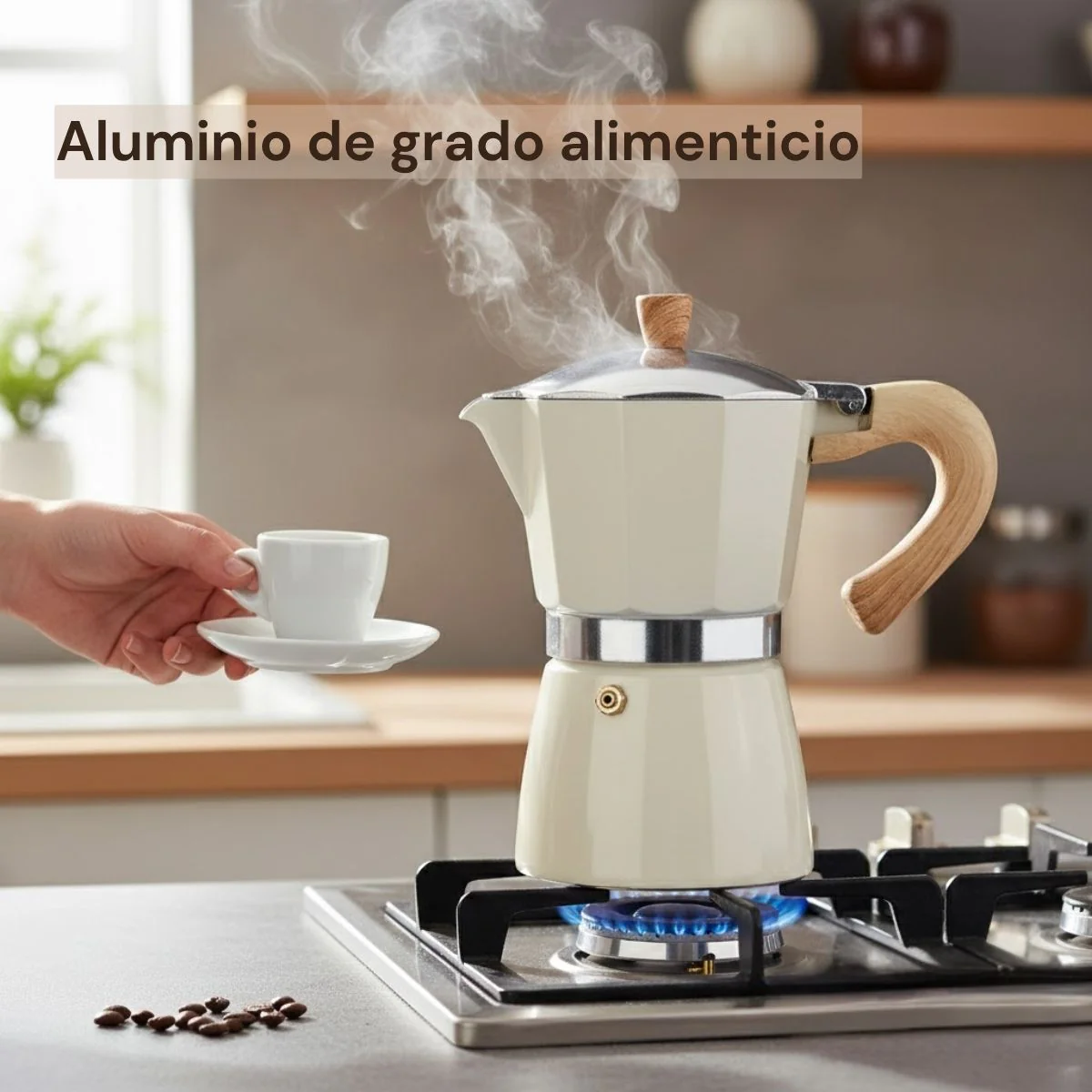 Cafetera Italiana Moka Pot Clásica De Aluminio Grado Alimenticio De 6 Tazas (300Ml) Con Asa Estilo Madera Resistente Al Calor. Greca, Percoladora. Color Blanco. - Image 2