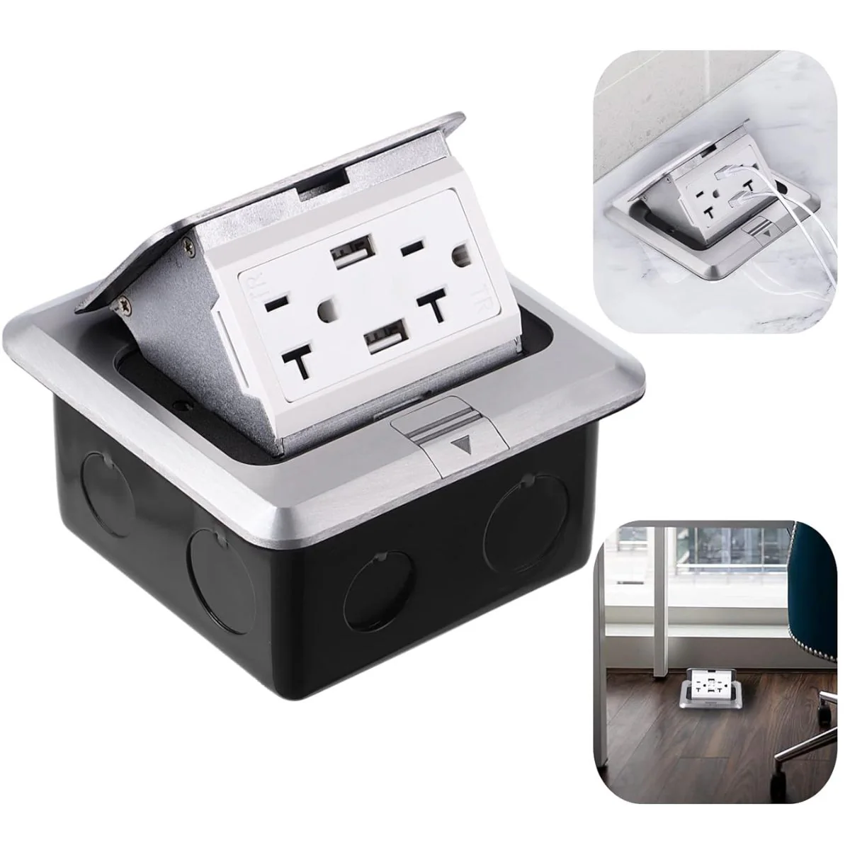 Caja De Enchufe Tomacorriente De Piso Empotrable Con Diseño Emergente 20A/125V. 2 Tomas De Corriente Y 2 Puertos USB. Enchufe De Escritorio.