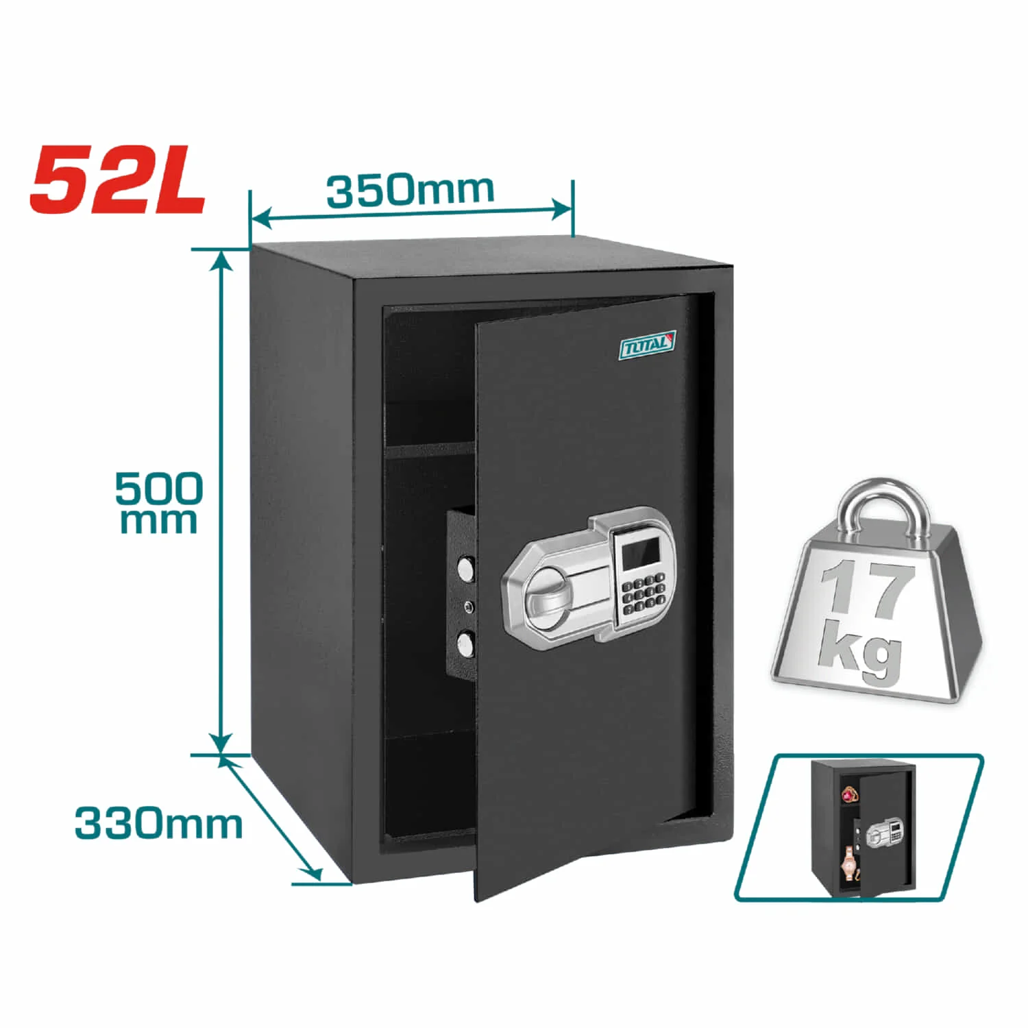 Caja Fuerte De Seguridad 52 L. 500 X 350 X 330 Mm. Registra 3 A 8 Dígitos.