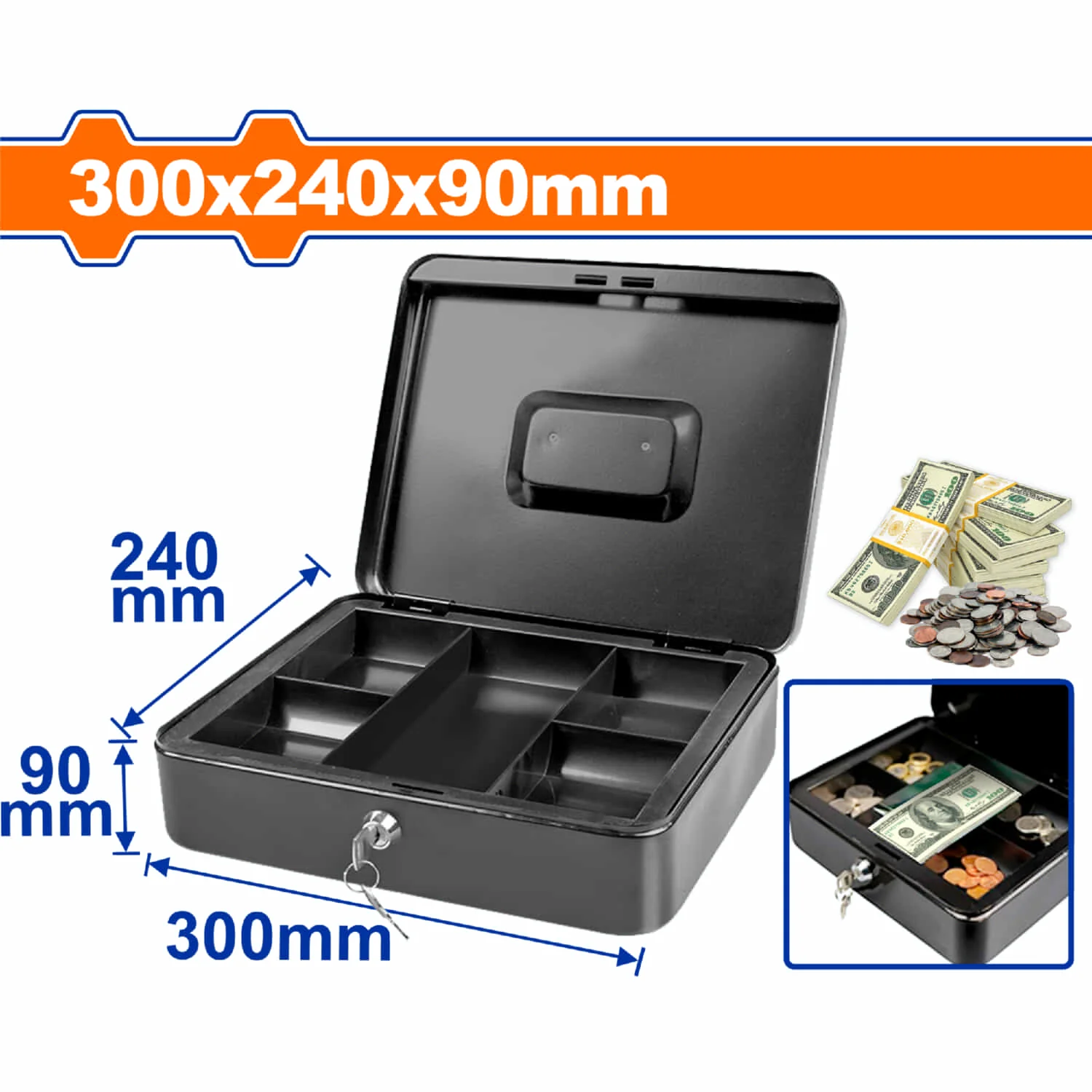 Caja Menuda Chica De Efectivo 5 Bandejas Para Organizar Sus Billetes, Monedas, Cheques. Dimensiones Externas (H*A*P): 12"X9.5"X3.5" (30X24x9cm) Apertura Con Llave.