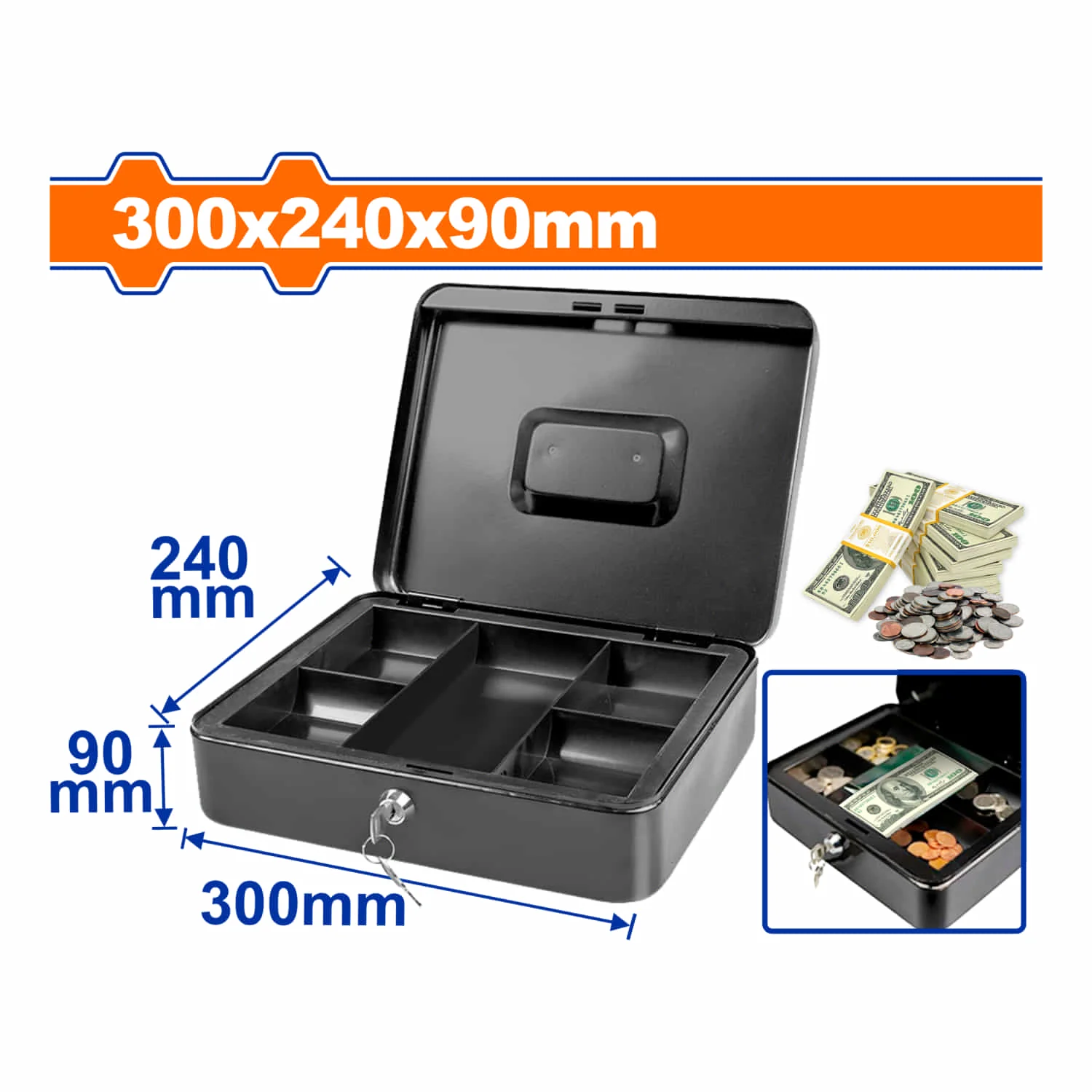 Caja Menuda Chica De Efectivo 5 Bandejas Para Organizar Sus Billetes, Monedas, Cheques. Dimensiones Externas (H*A*P): 12"X9.5"X3.5" (30X24x9cm) Apertura Con Llave. - Image 2