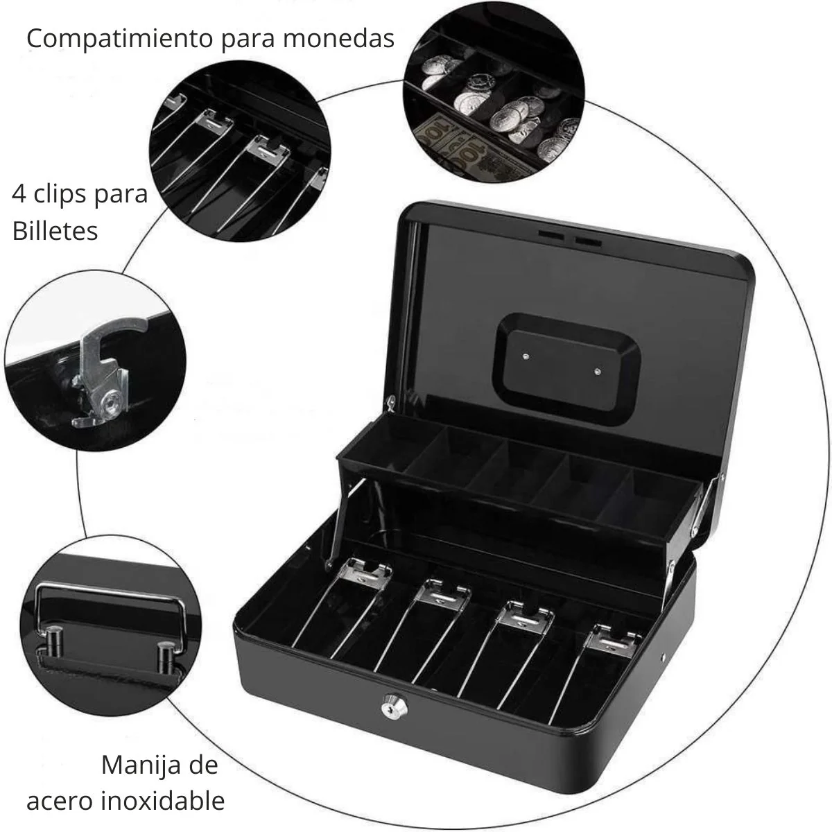 Caja Menuda Con Llave Y Bandeja De Monedas. Caja Chica Para Organizar Billetes 11.8"X9.4"X3.5" (30X24x9 Cms). Color Negro. - Image 3
