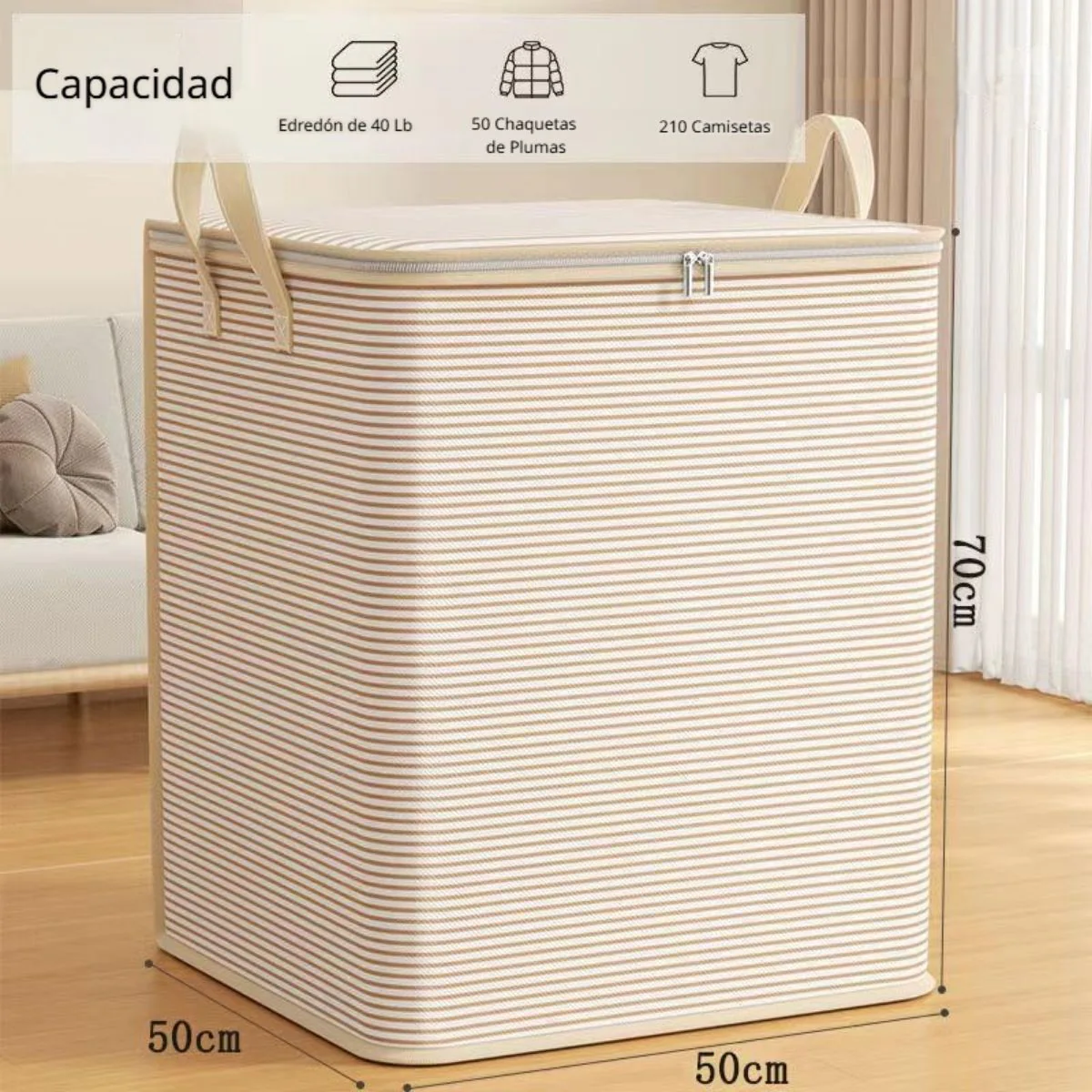 Caja Organizadora De Ropa Plegable Con Tapa Y Zipper 27.5X19.6X19.6” (70X50x50cm). Bolsa De Almacenamiento De Tela Con Asa Y Cierre Para Duvets. Color Beige.