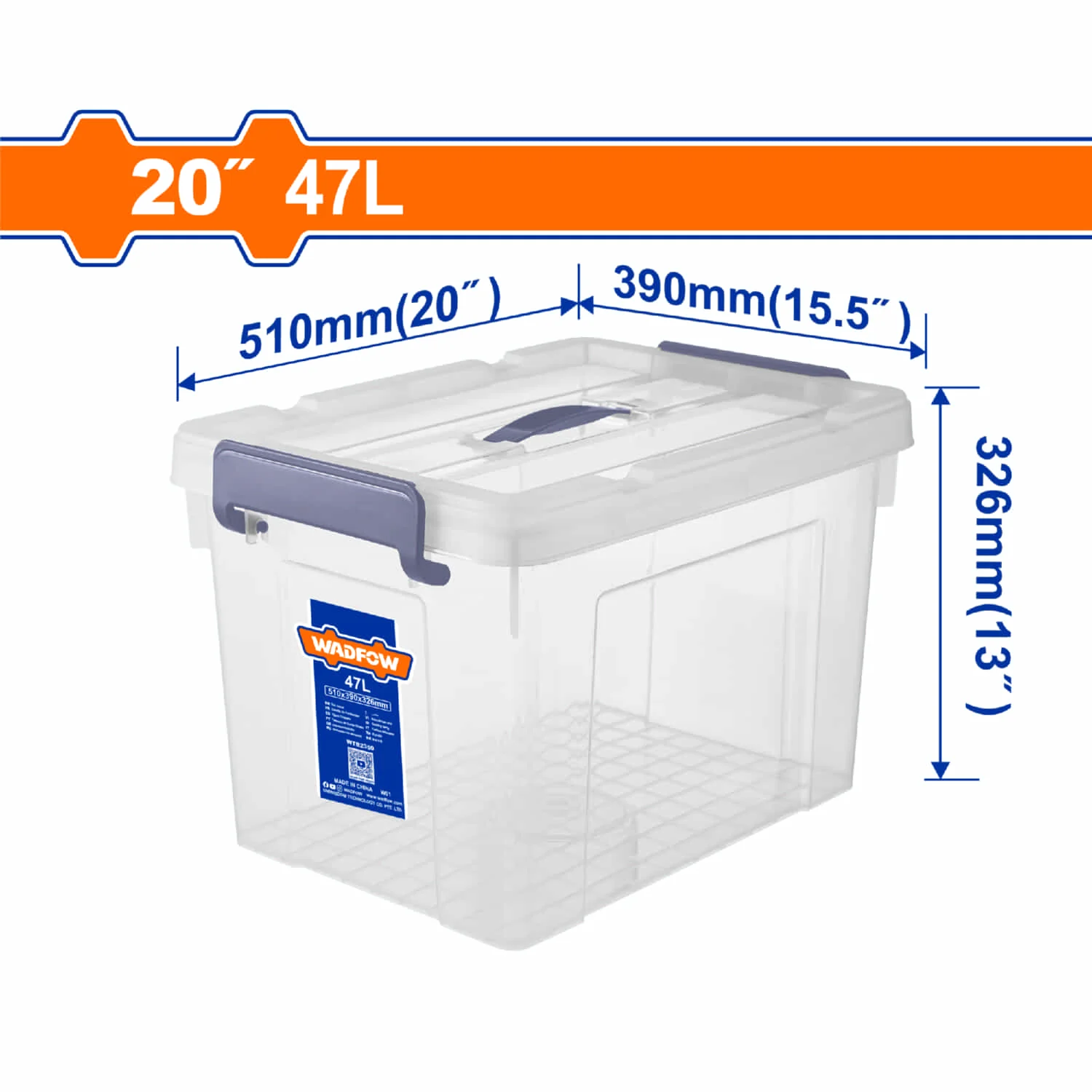 Caja Plástica De Almacenamiento 20" 47L 510X390x326mm Peso: 1426G. Tapa Con Asa. Hebilla De Plástico. Organizador.