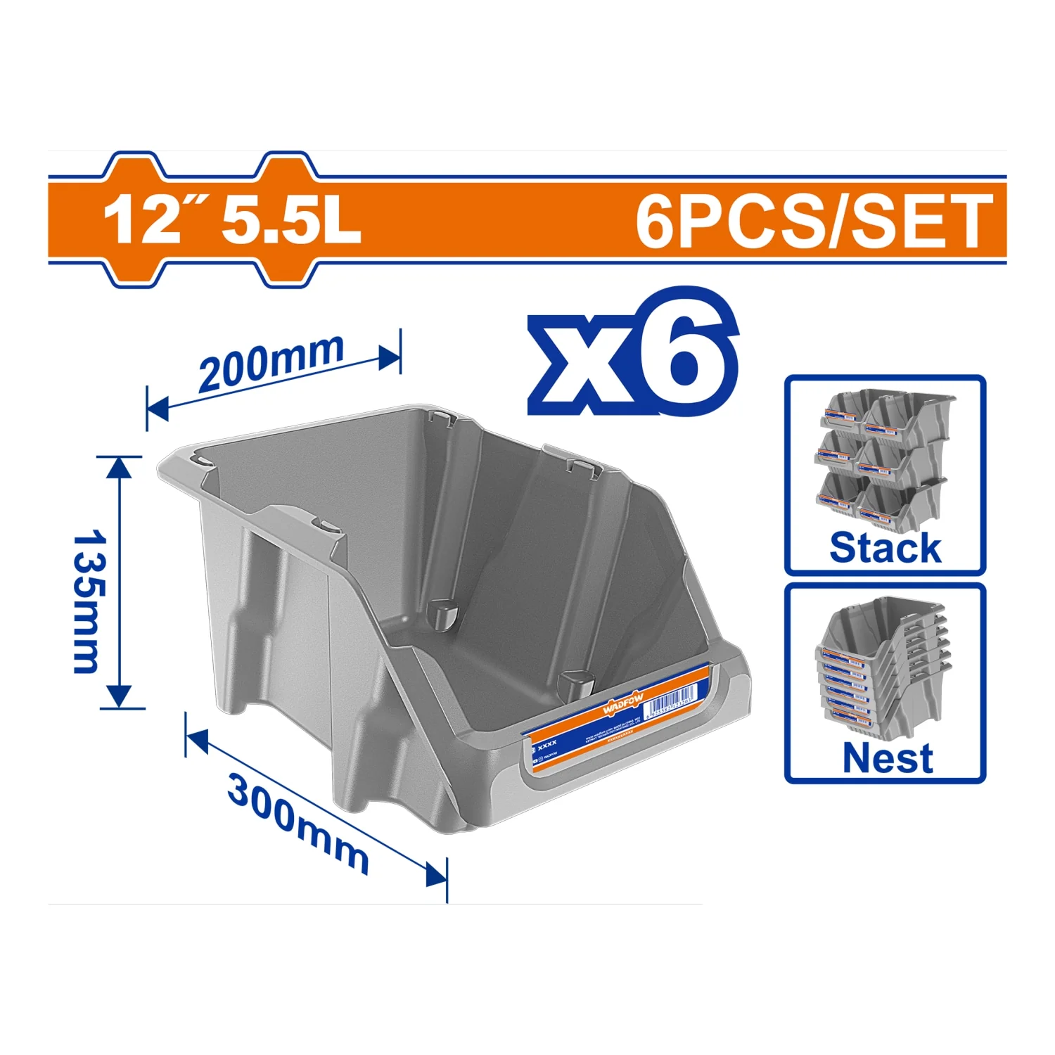 Cajas De Plástico Apilables Organizadoras 5.5L (300X200x135mm). Set De 6 Piezas. Ideales Para Encajar Y Apilar.