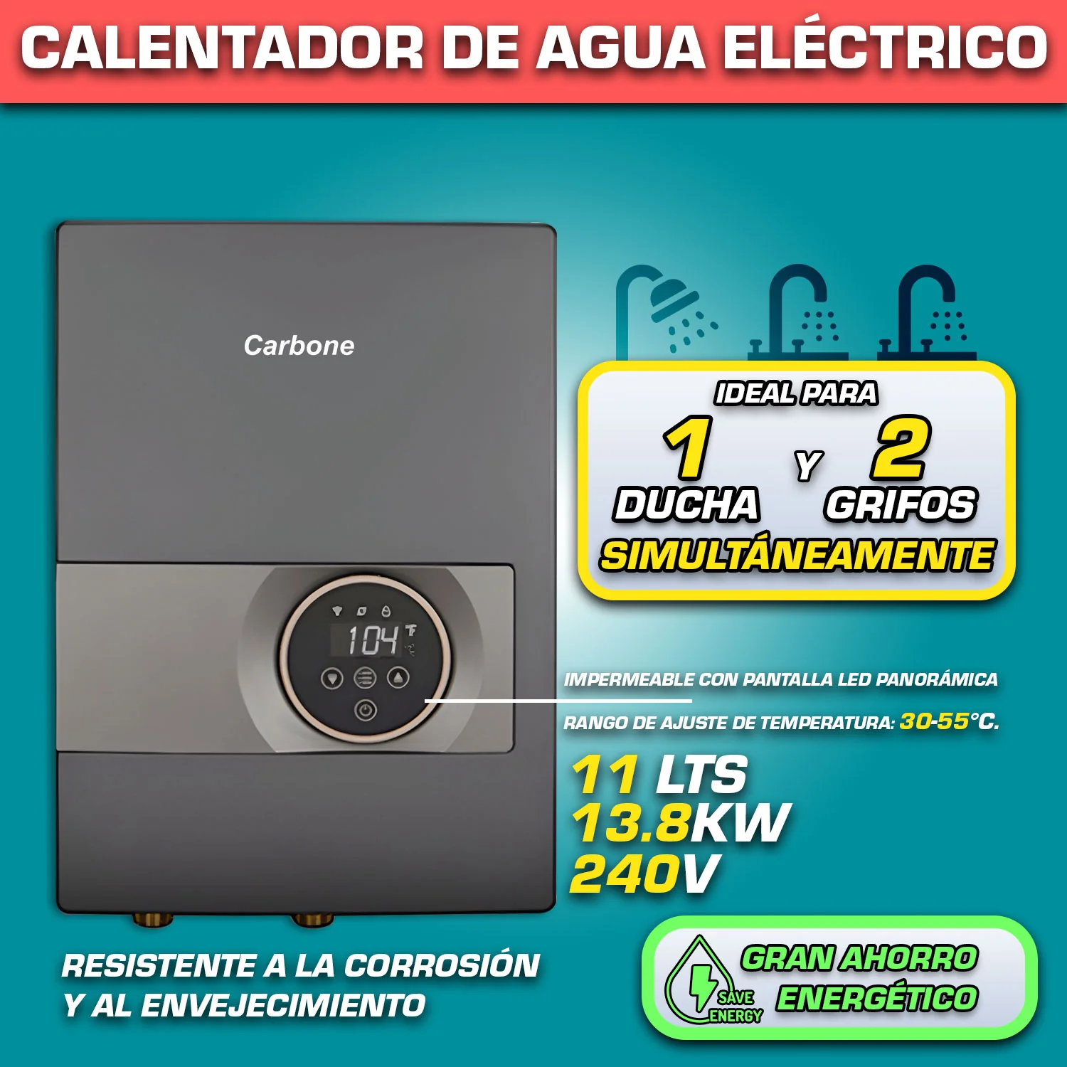 Calentador De Agua Eléctrico 11 Litros De 13.8Kw 240V (1 Ducha Y 2 Lavamanos Simultáneamente)