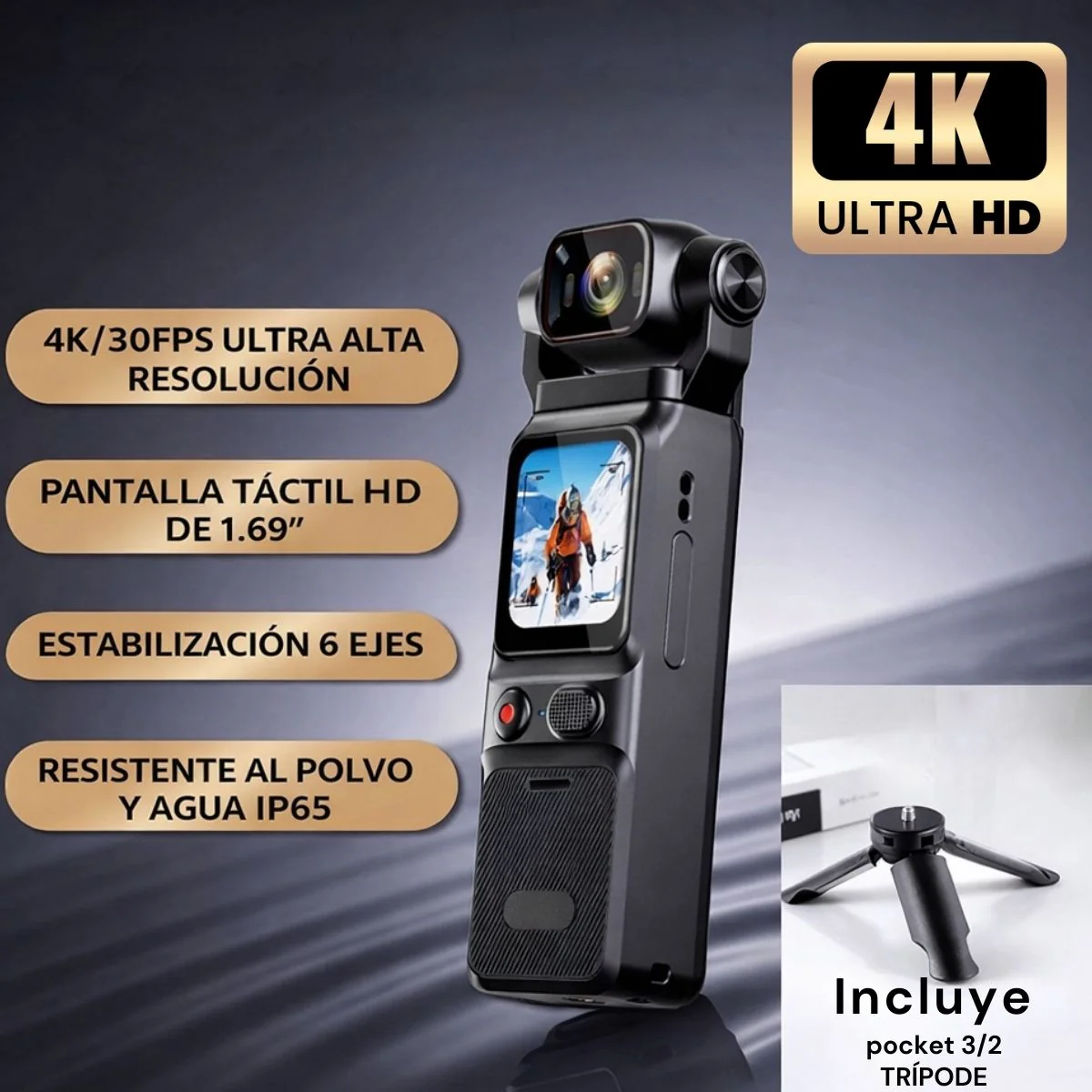Cámara Antivibración De Bolsillo 4K L18 30FPS De 6 Ejes IP65. Videocámara Con Estabilización Giroscópica Batería 3000Mah Pantalla 1.69” - Image 2