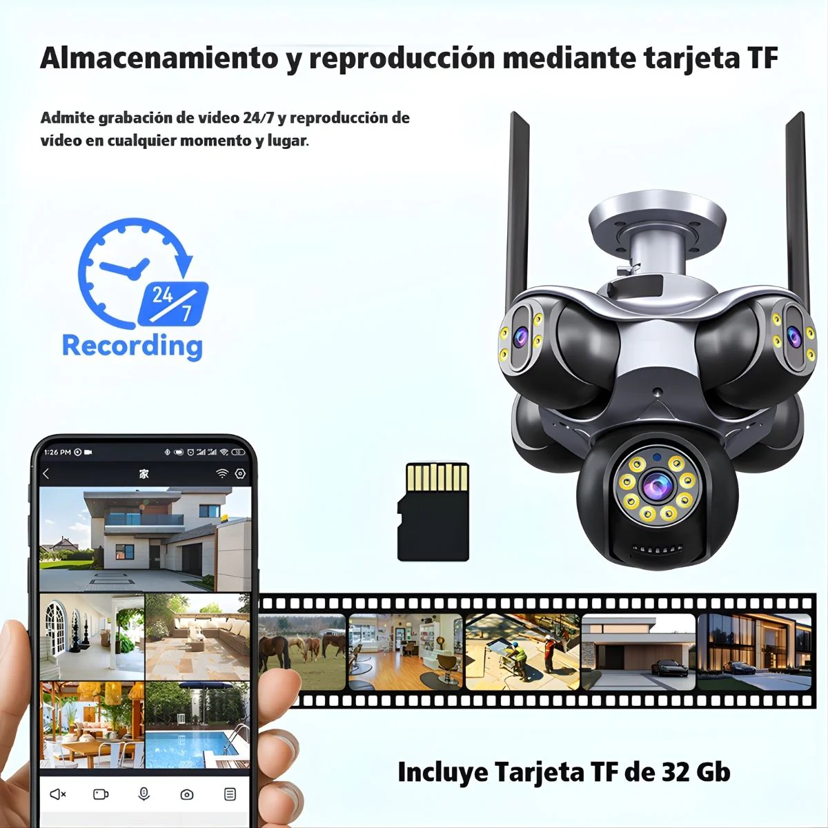Cámara De Seguridad PTZ 25MP Ultra HD Wifi De 5 Lentes Con Rotación Eléctrica 355°/90°, IP65, Visión Nocturna A Color Memoria 32GB. Cámara Domo. Cámara Vigilancia - Image 4